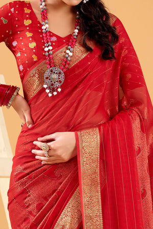 Red Jacquard Saree Featuring Swarovski Embellishments With Rich Paisley & Floral Weave