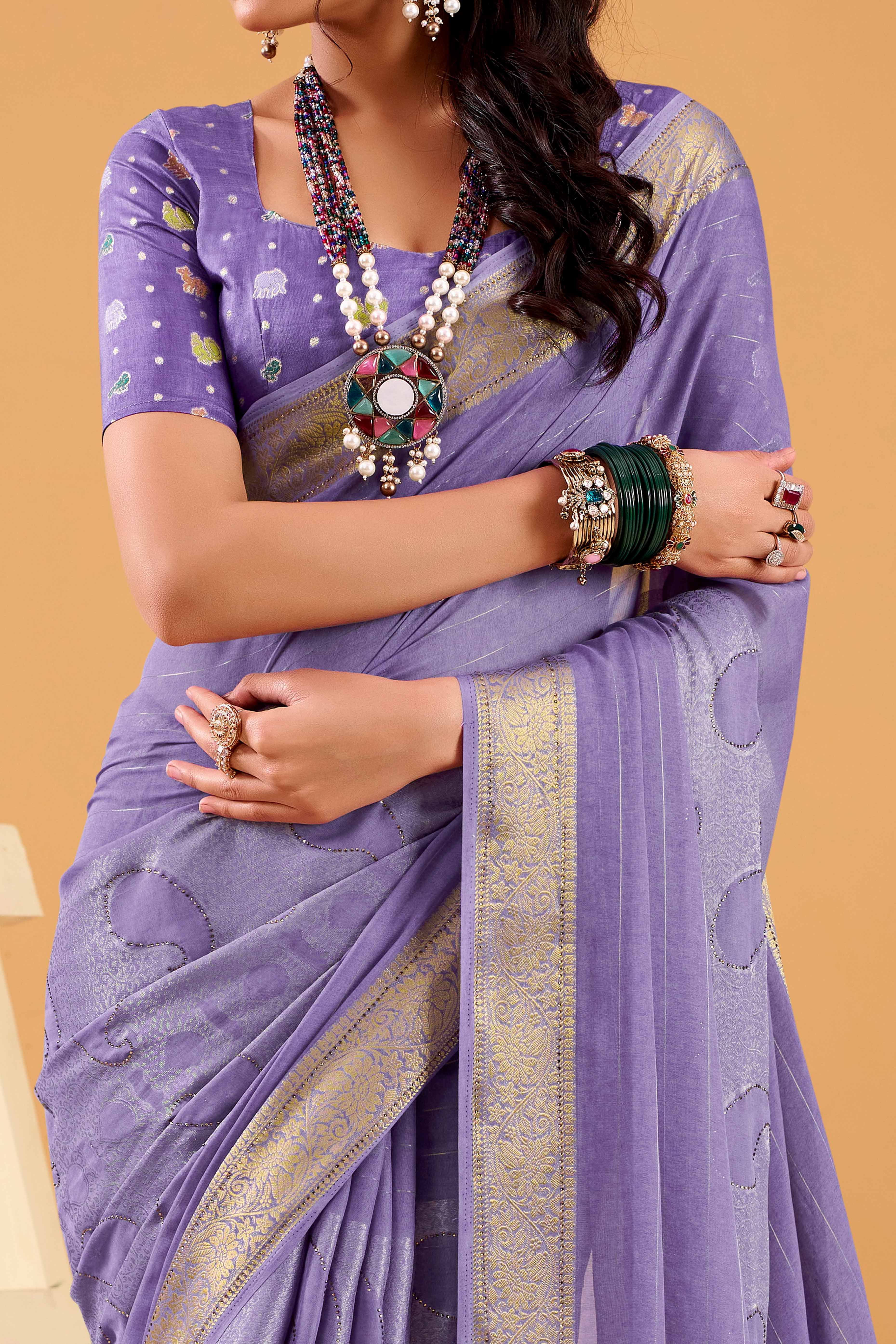 Lavender Jacquard Saree Featuring Swarovski Embellishments With Rich Paisley & Floral Weave