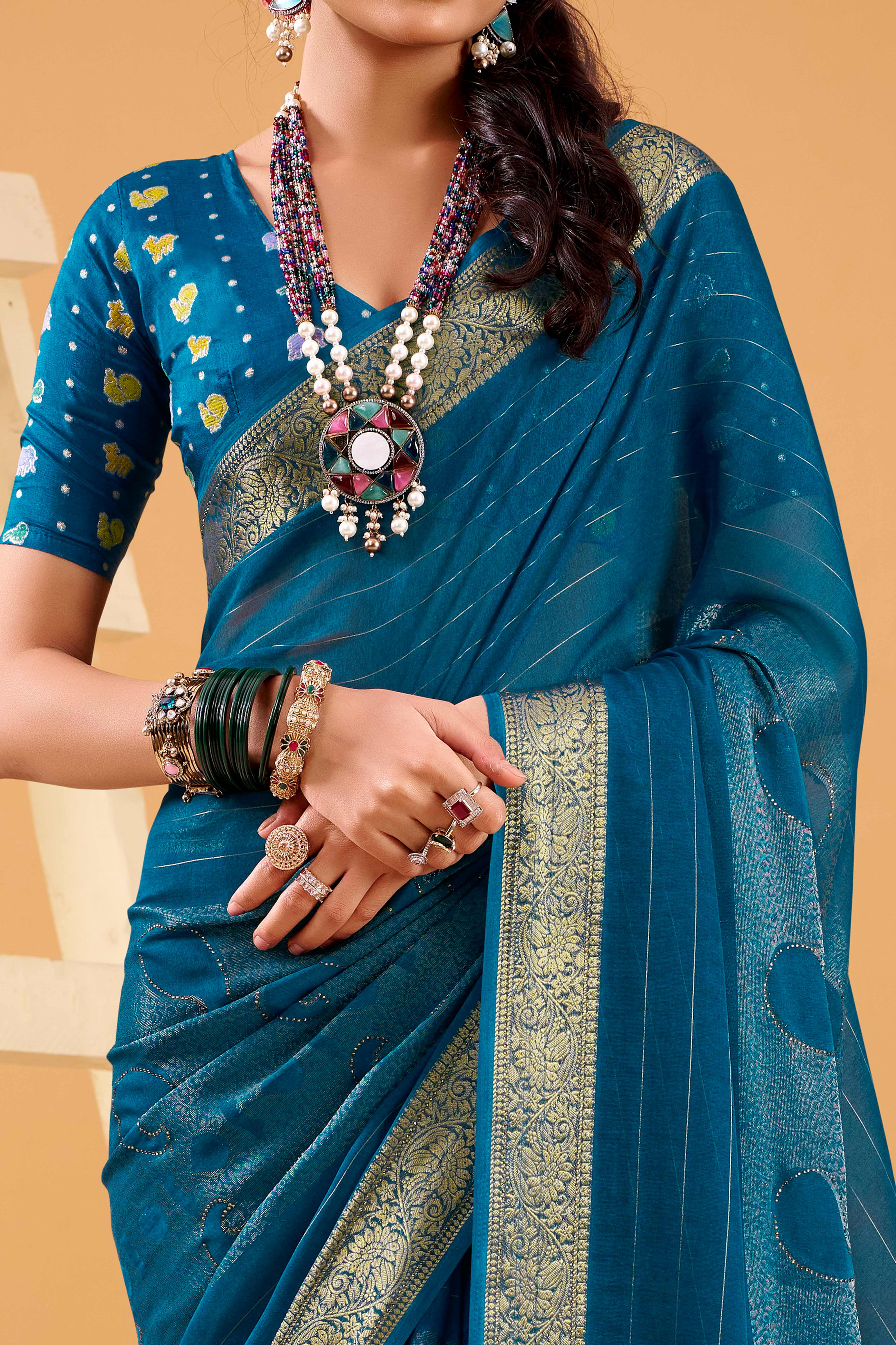Blue Jacquard Saree Featuring Swarovski Embellishments With Rich Paisley & Floral Weave