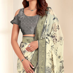 Off White Floral Printed Georgette Saree With Embroidered Border