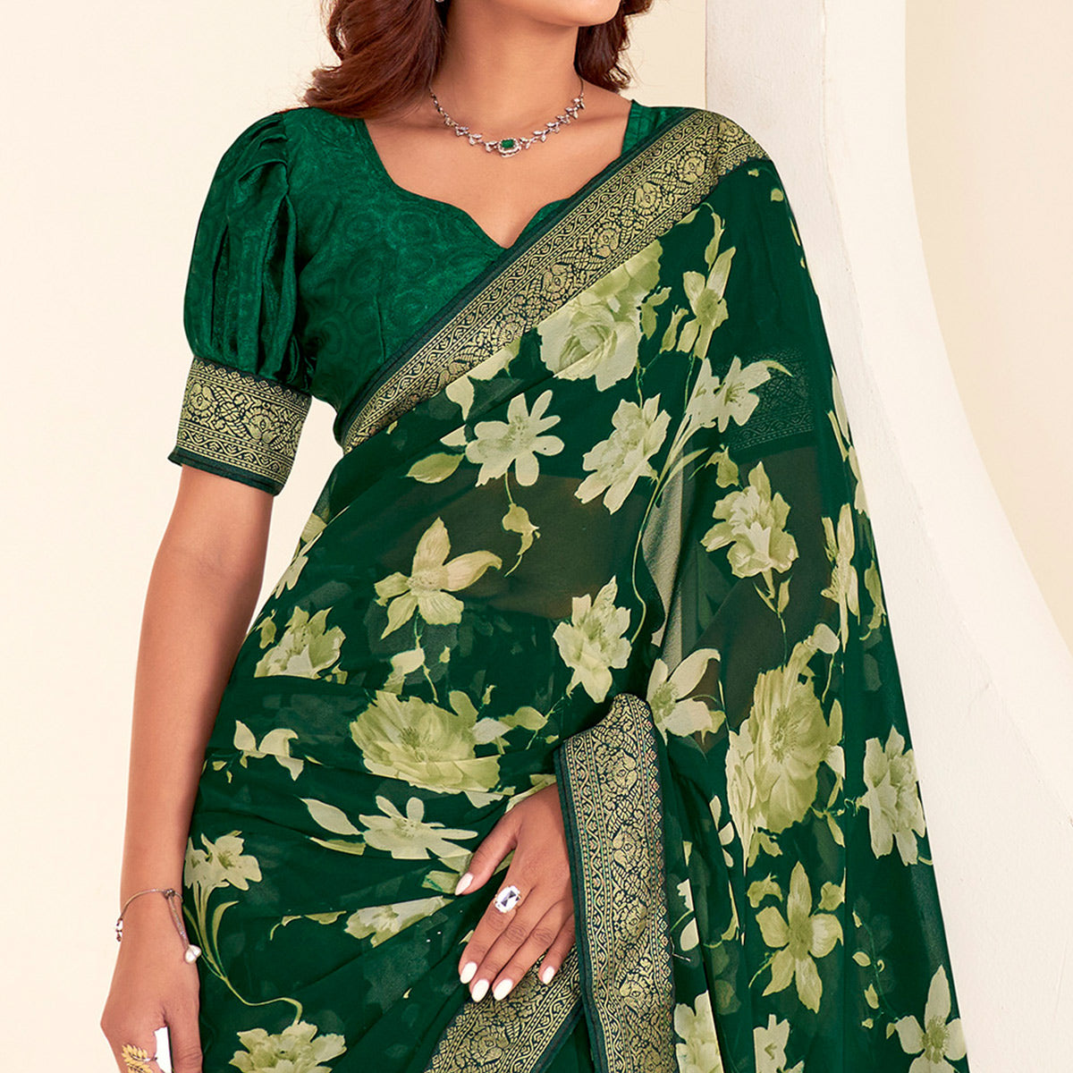 Green Floral Printed Georgette Saree With Embroidered Border