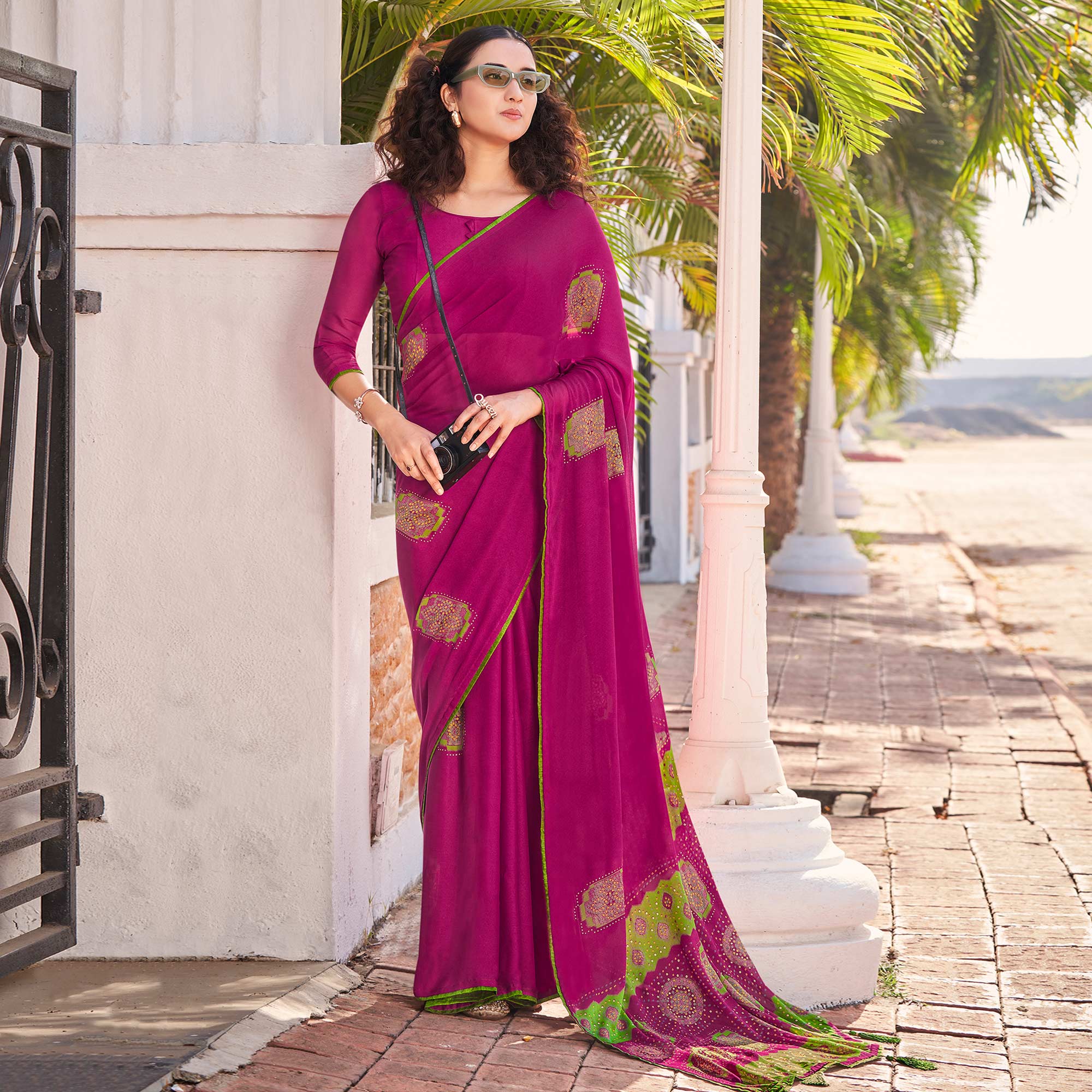Purple Foil Printed Georgette Saree With Tassels