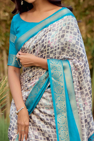 Grey Geometric Printed Dola Silk Saree