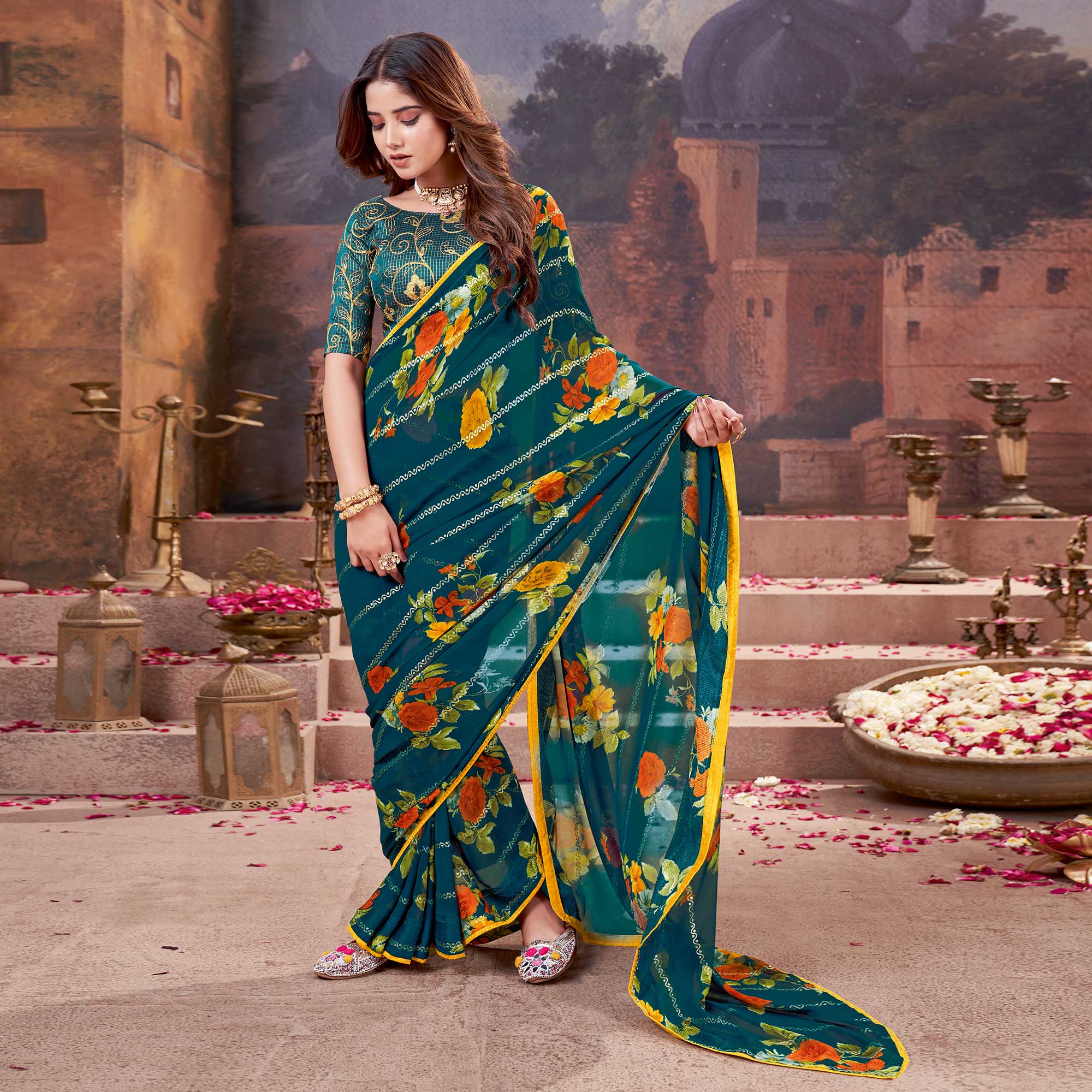 Teal Floral Foil Printed Georgette Saree