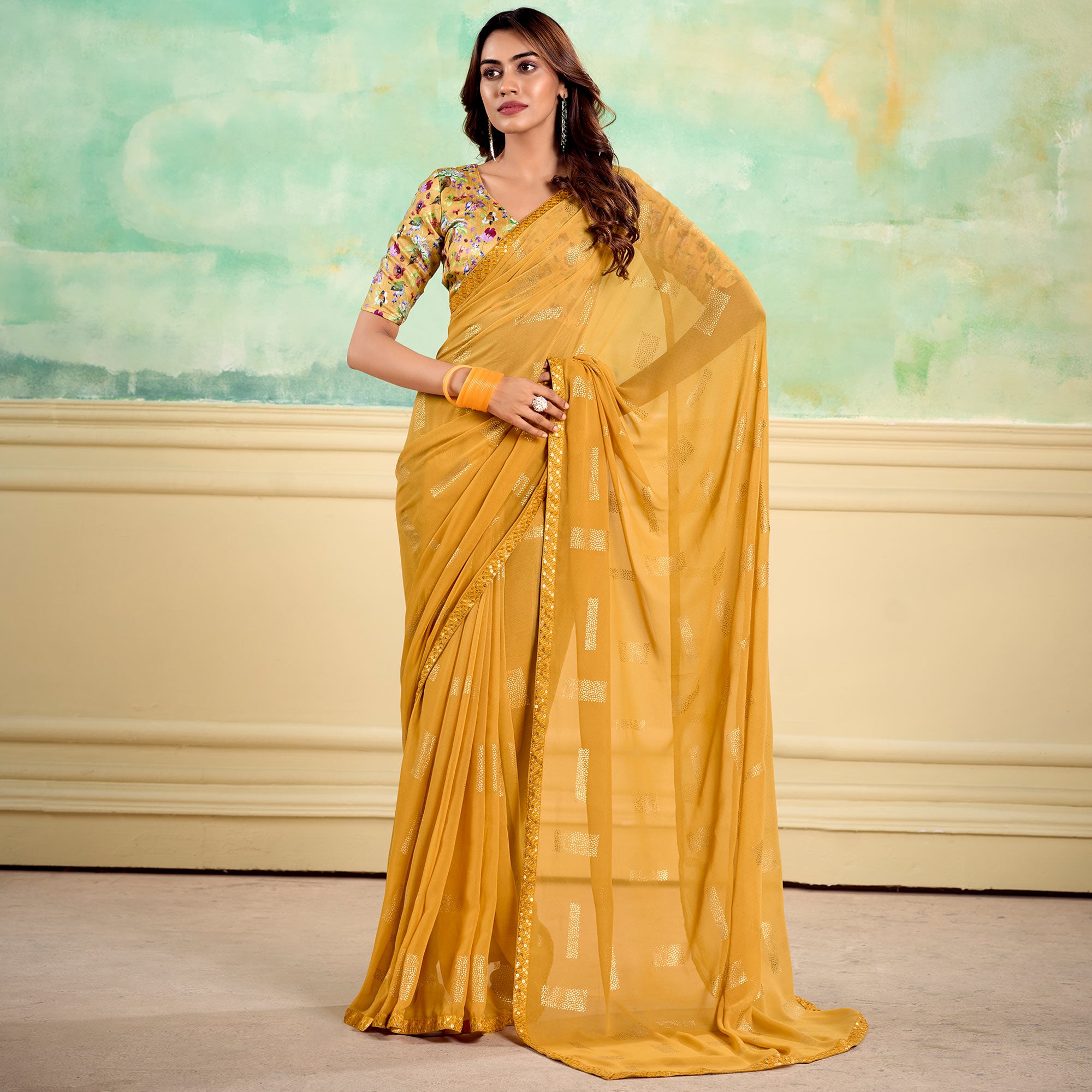 Mustard Foil Printed With Sequins Georgette Saree