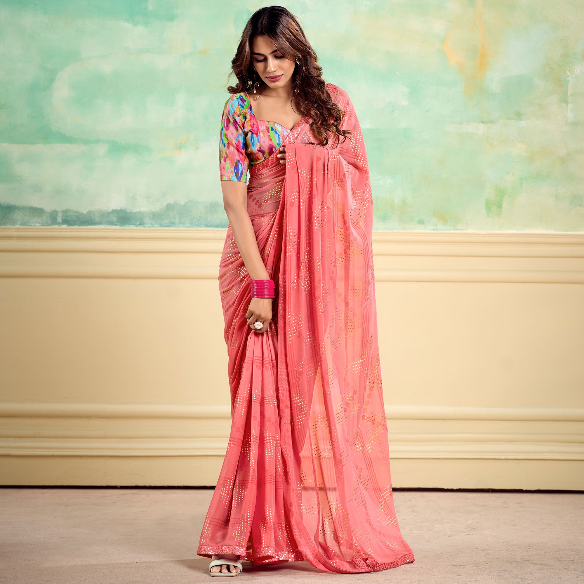 Peach Foil Printed With Sequins Georgette Saree