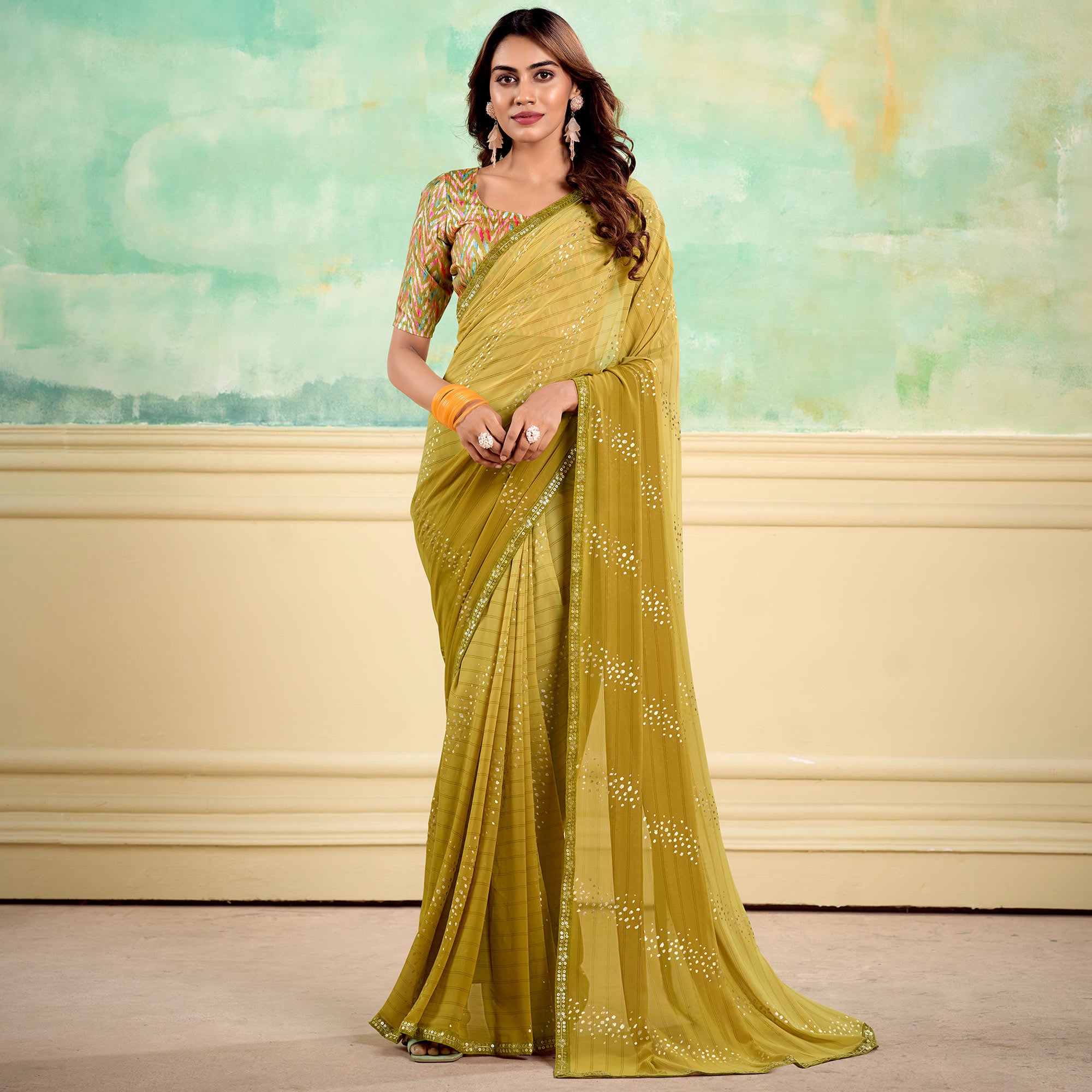 Olive Foil Printed With Sequins Georgette Saree