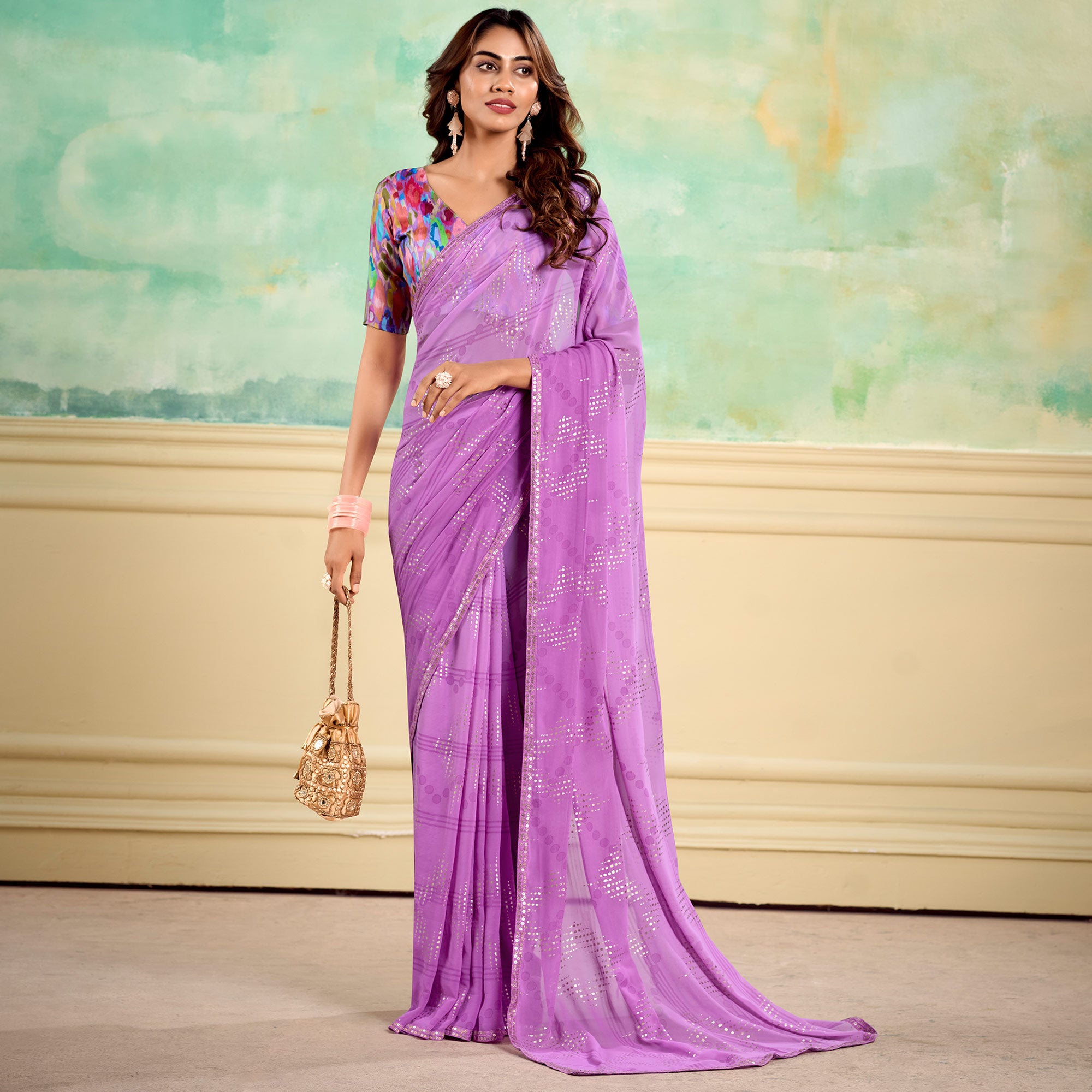 Purple Foil Printed With Sequins Georgette Saree
