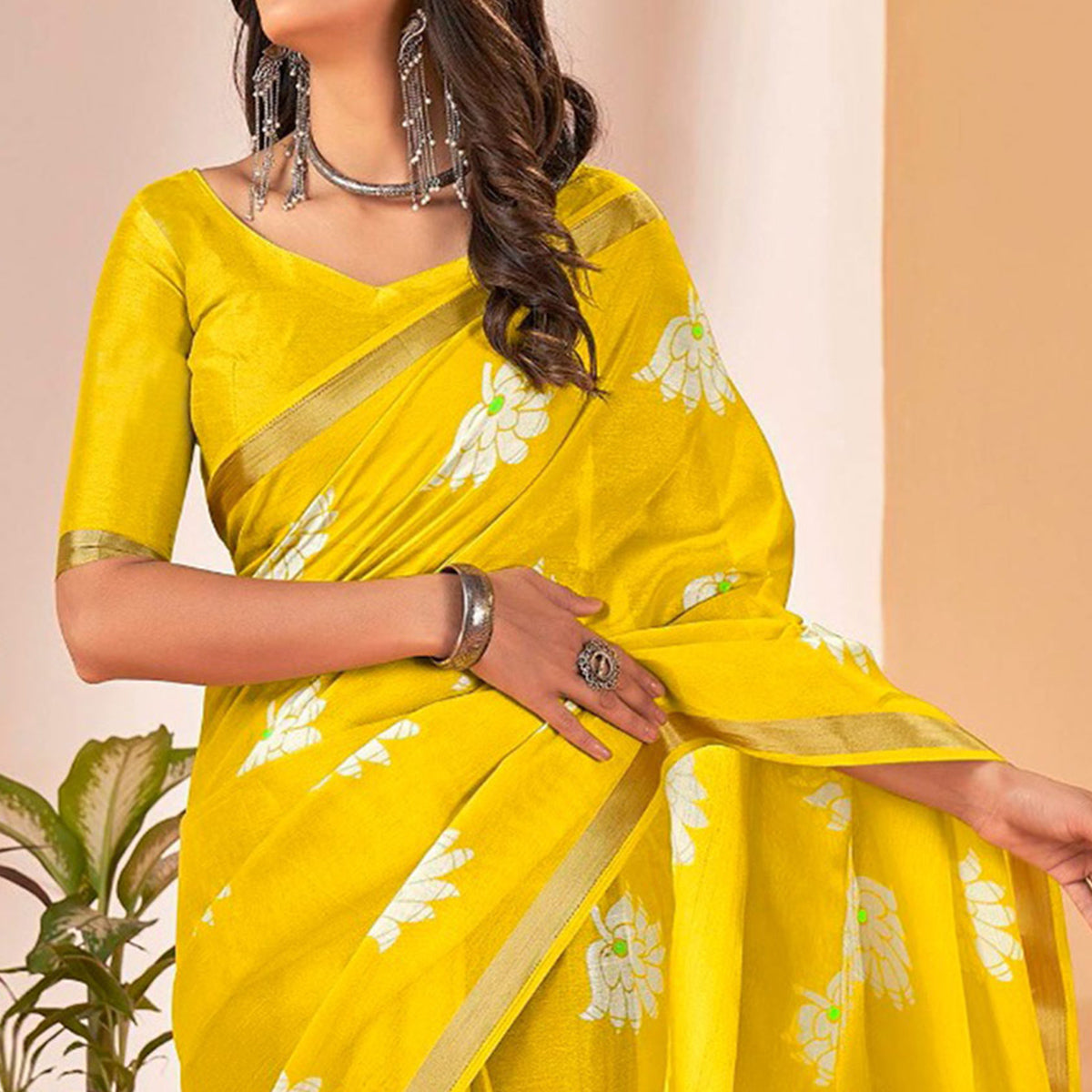 Yellow Floral Printed Cotton Blend Saree With Tassels