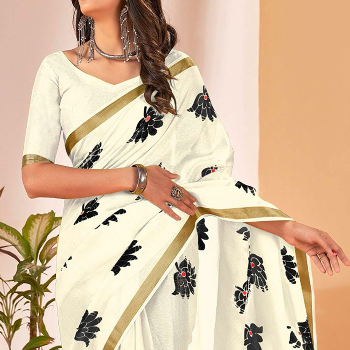 White Floral Printed Cotton Blend Saree With Tassels
