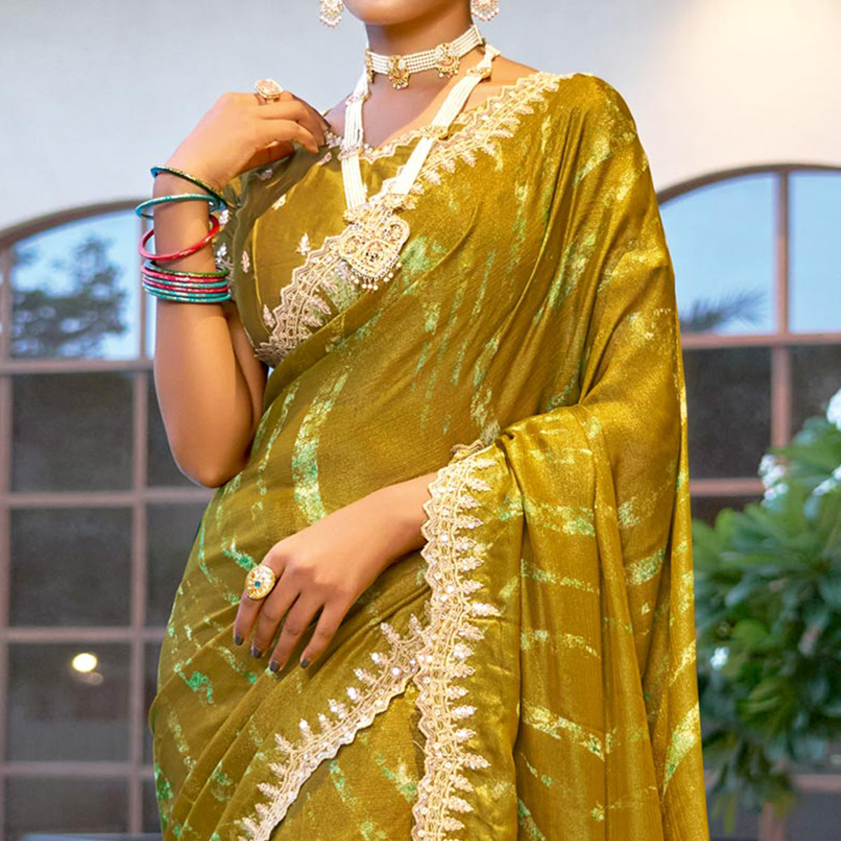 Olive Printed Chiffon Saree With Sequins Border