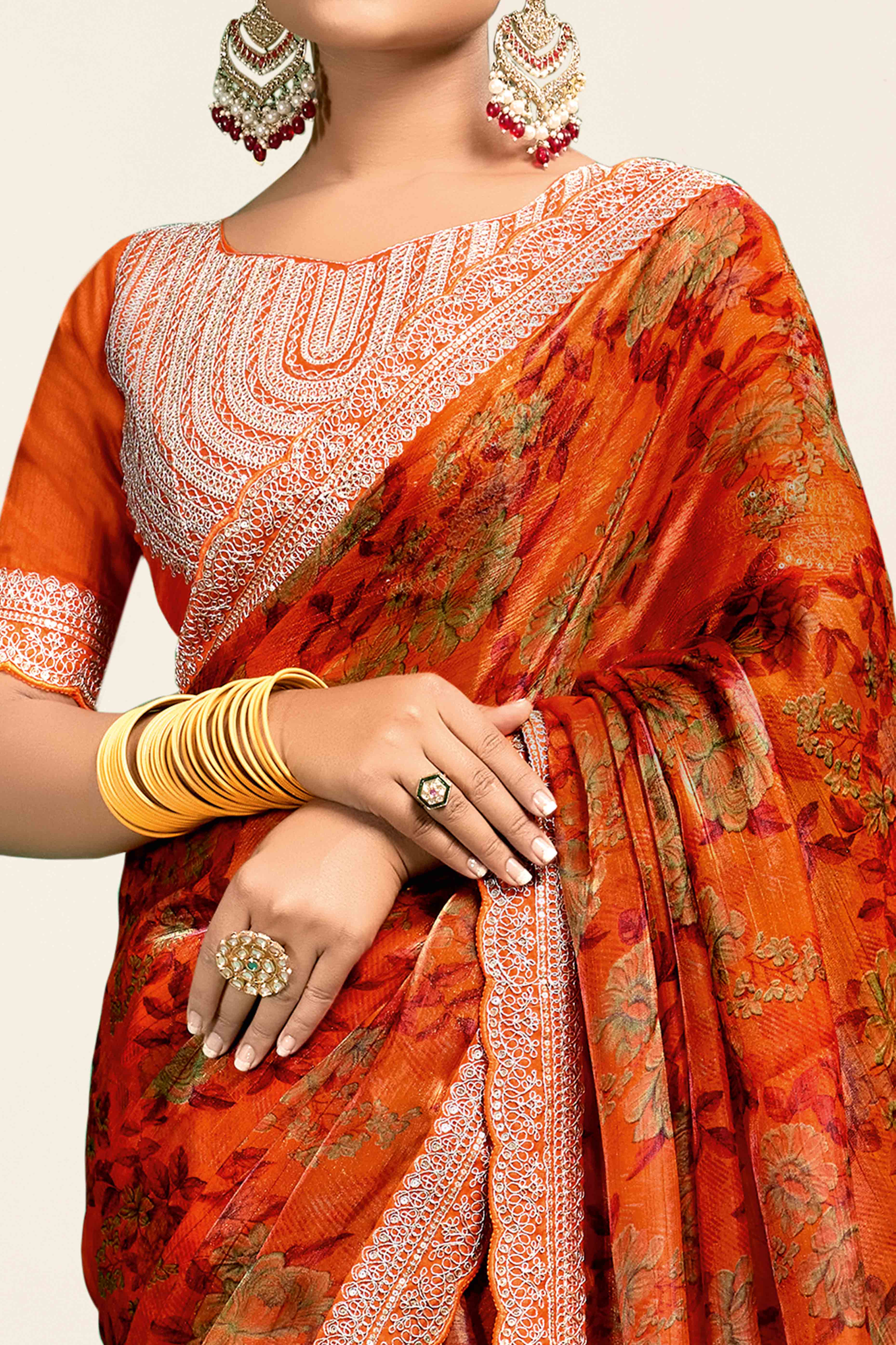 Rust Floral Printed Jimmy Choo Chiffon Saree With Embroidery On Border