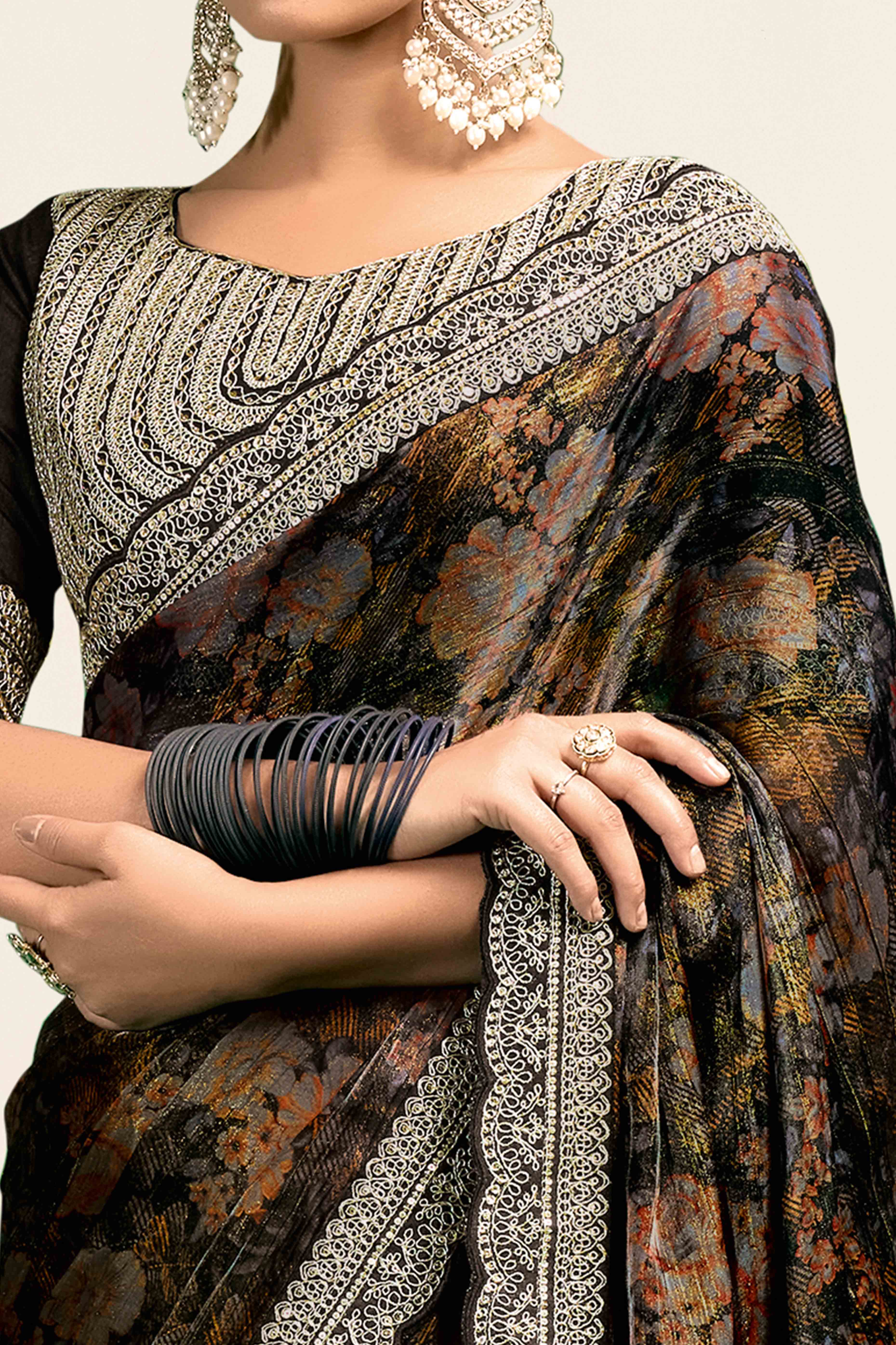 Black Floral Printed Jimmy Choo Chiffon Saree With Embroidery On Border