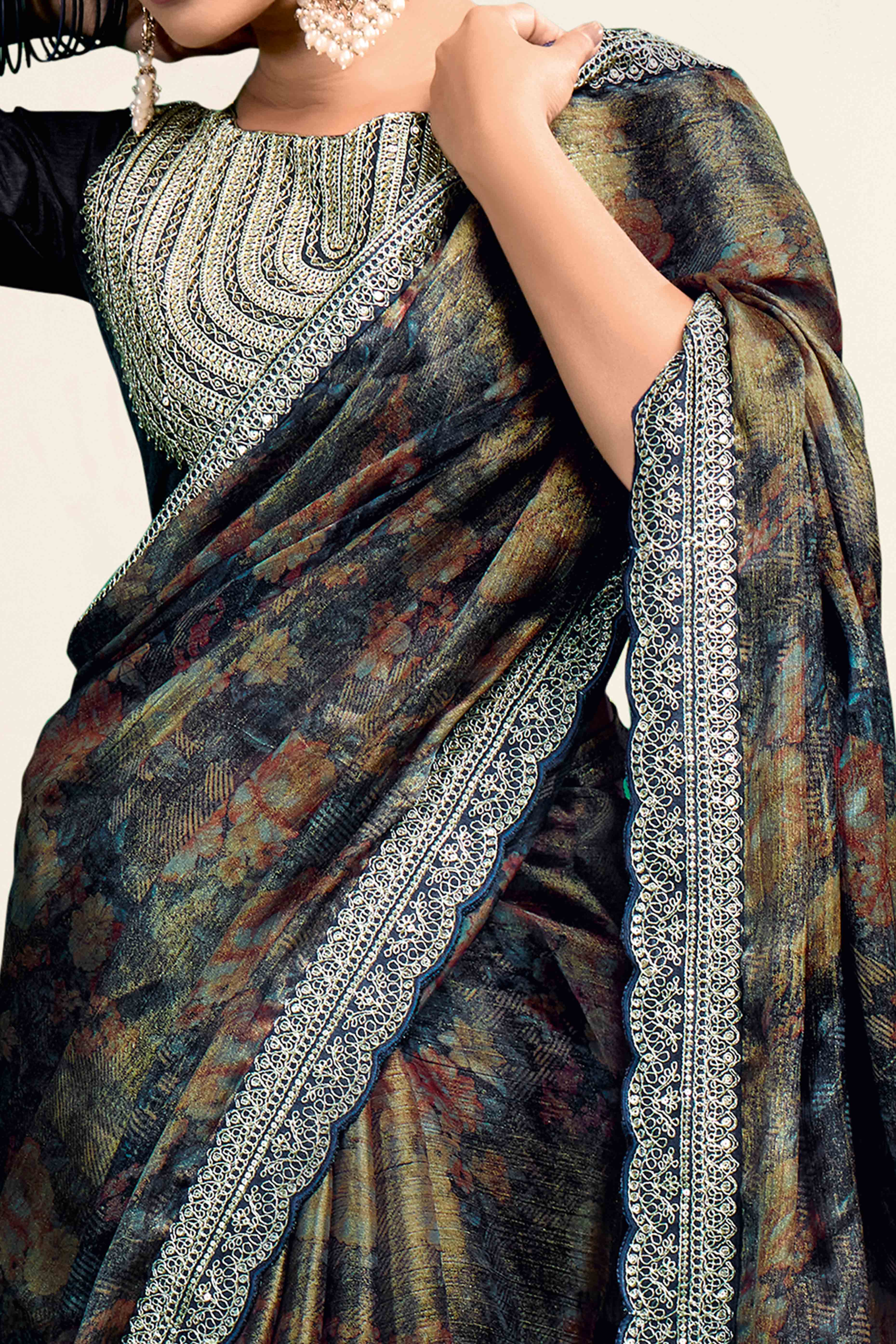 Dark Olive Floral Printed Jimmy Choo Chiffon Saree With Embroidery On Border