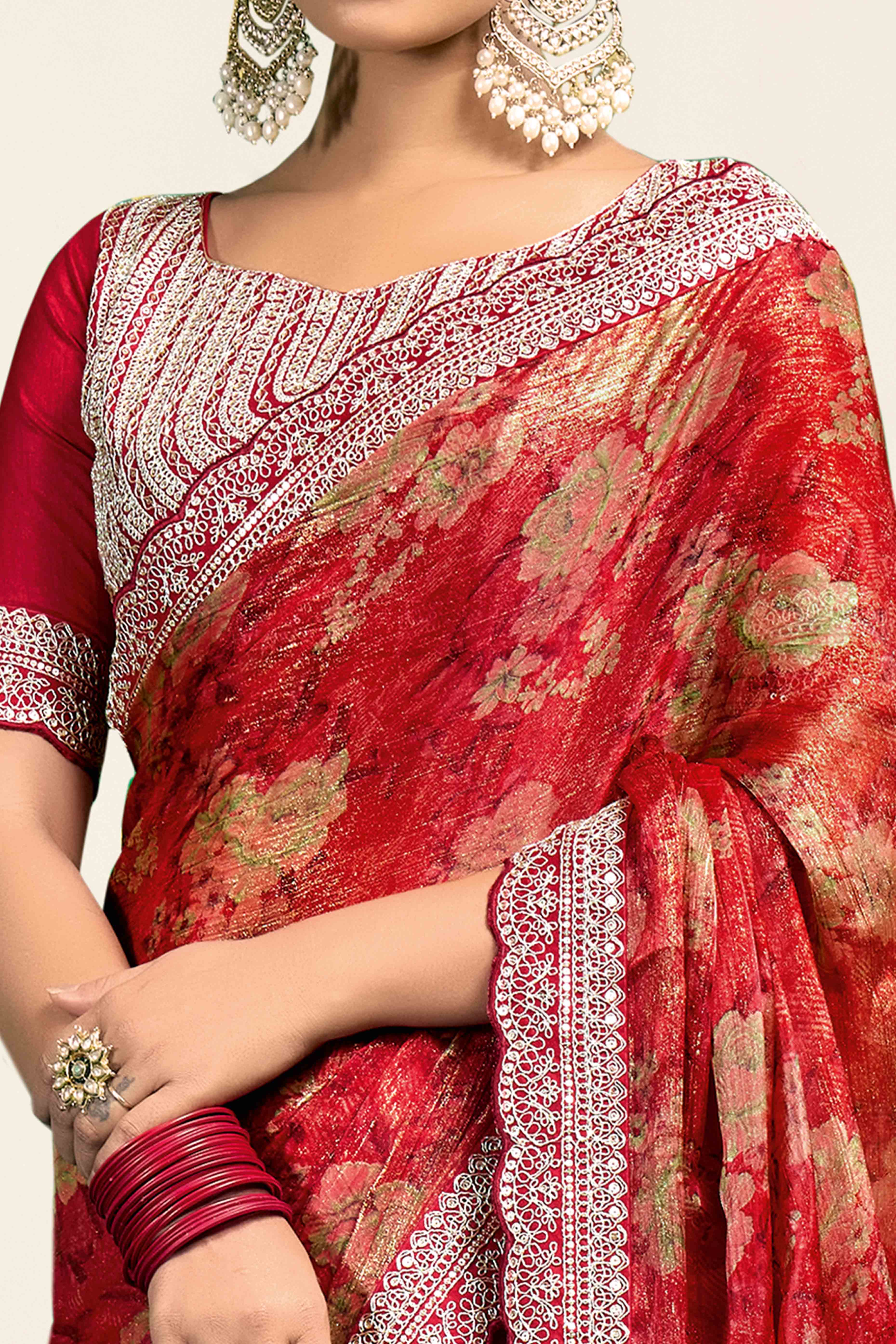 Red Floral Printed Jimmy Choo Chiffon Saree With Embroidery On Border