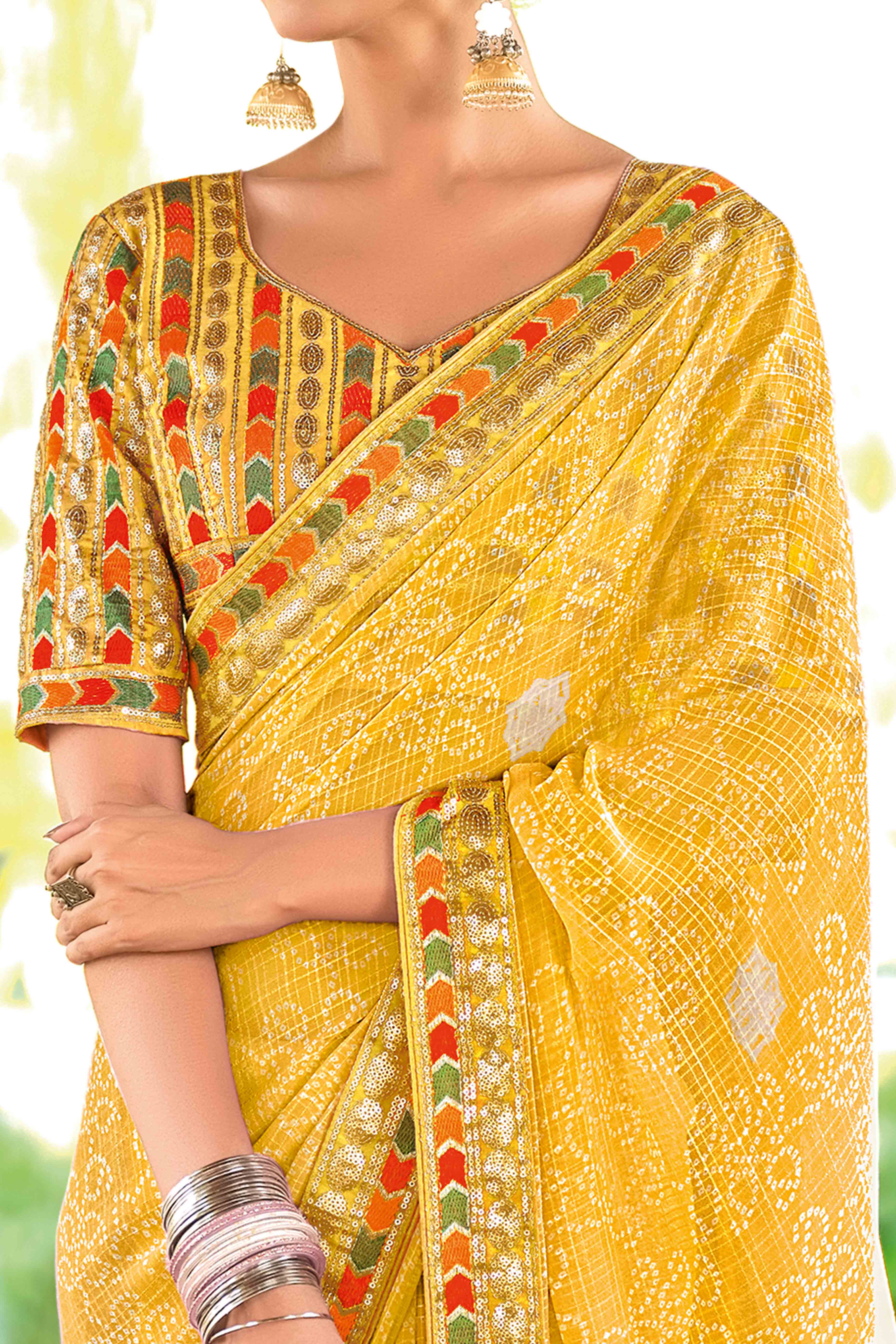 Yellow Bandhani Printed Georgette Saree With Glittering Sequin Embroidered Border