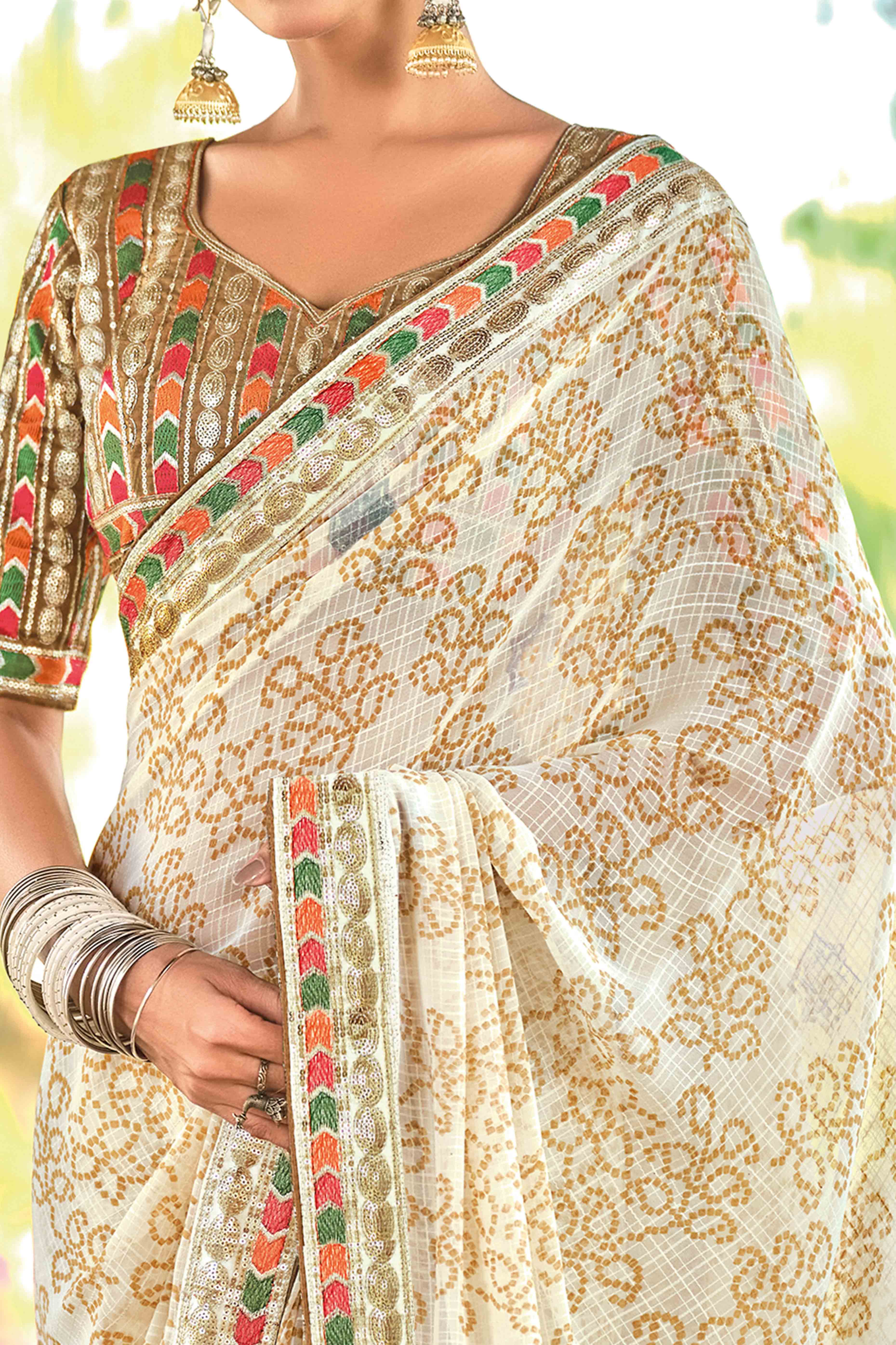 Cream Bandhani Printed Georgette Saree With Glittering Sequin Embroidered Border