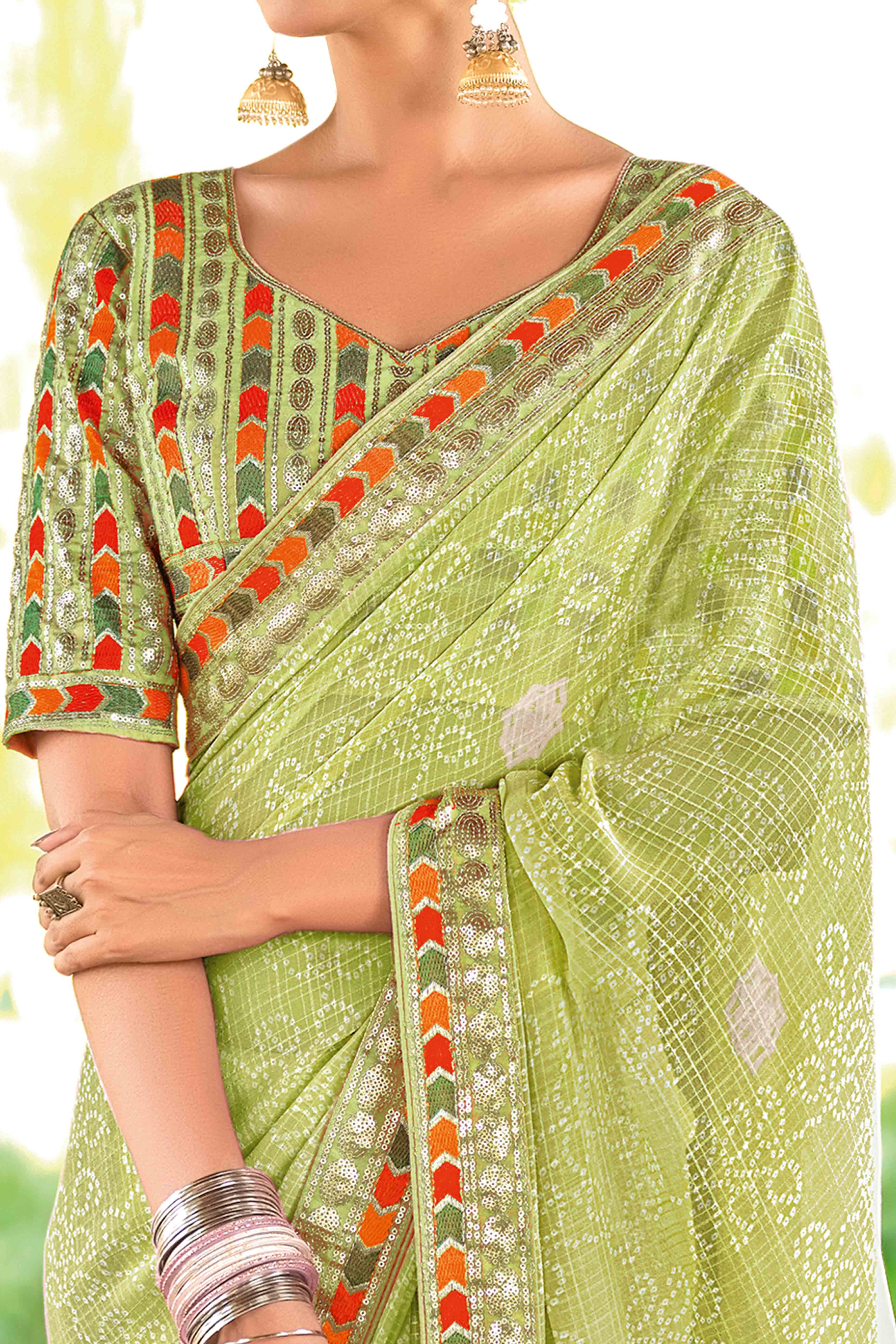 Green Bandhani Printed Georgette Saree With Glittering Sequin Embroidered Border