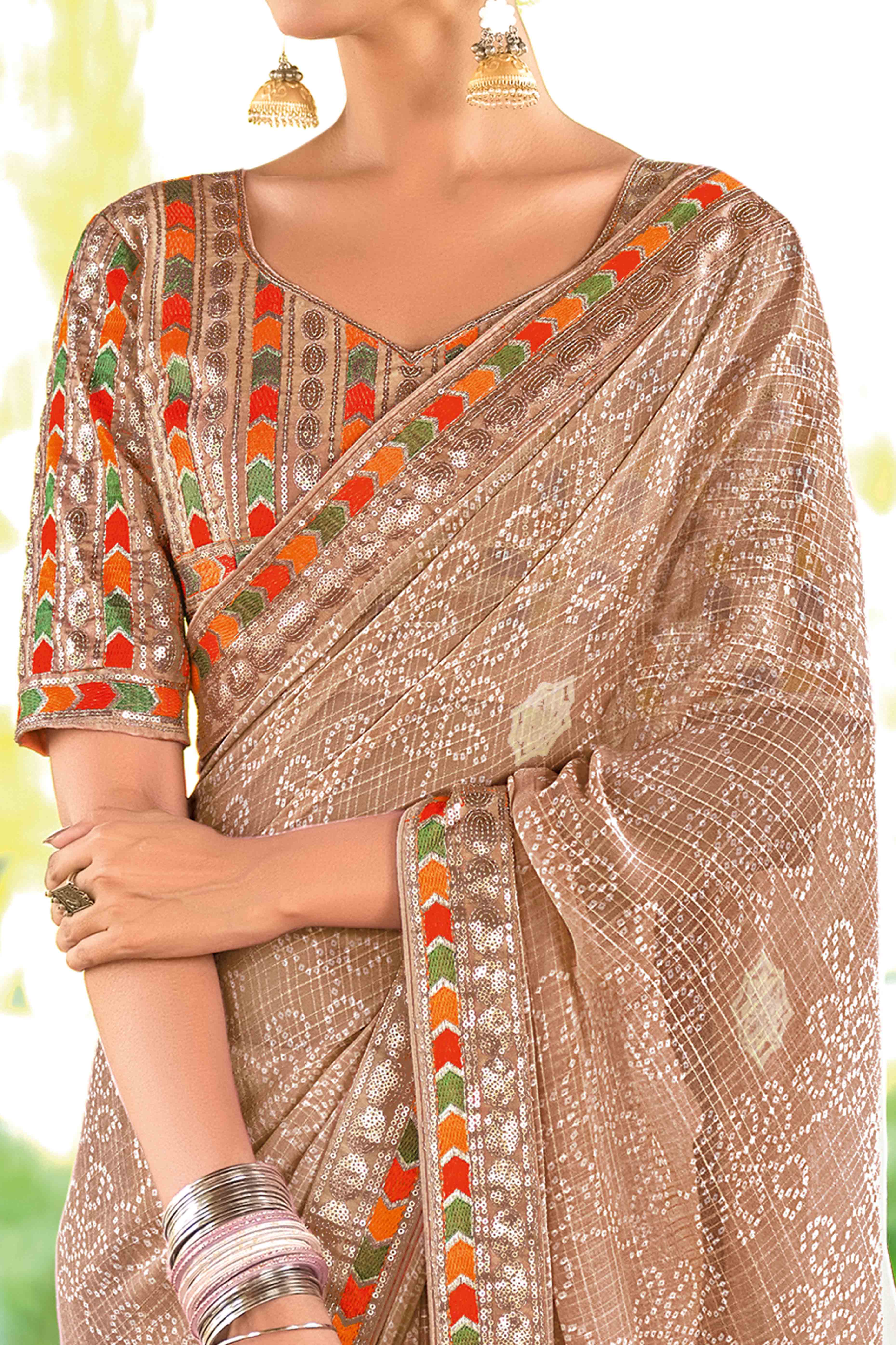 Brown Bandhani Printed Georgette Saree With Glittering Sequin Embroidered Border