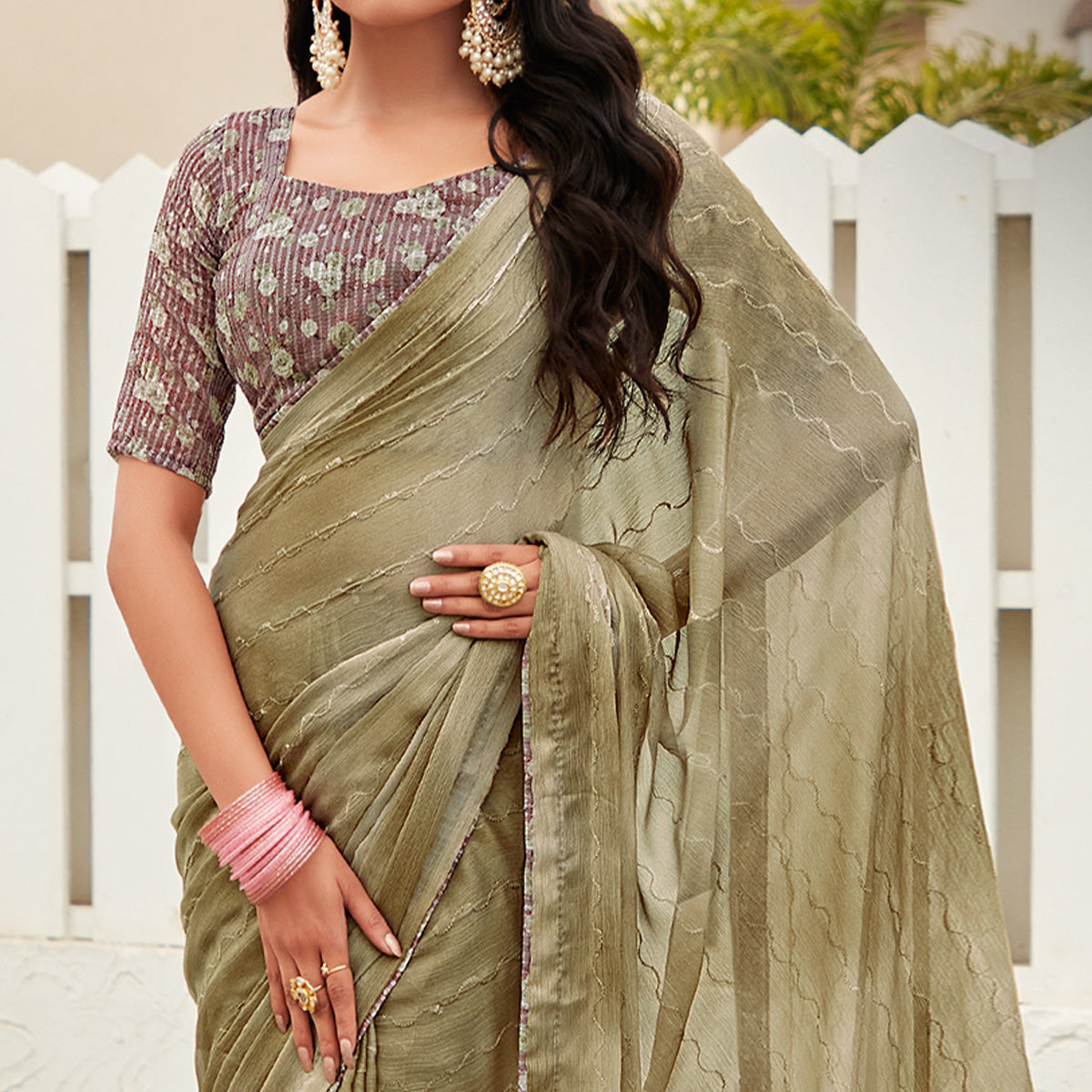 Olive Green Sequins Embroidered Chiffon Saree