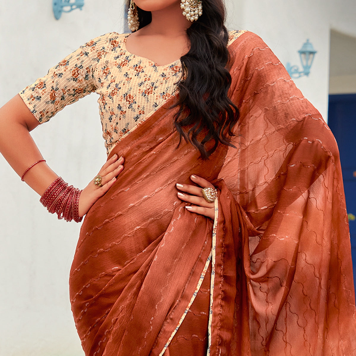 Rust Sequins Embroidered Chiffon Saree