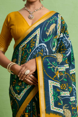 Traditional Morpich Blue Silk Blend Saree with Ikkat Print & Zari Edging