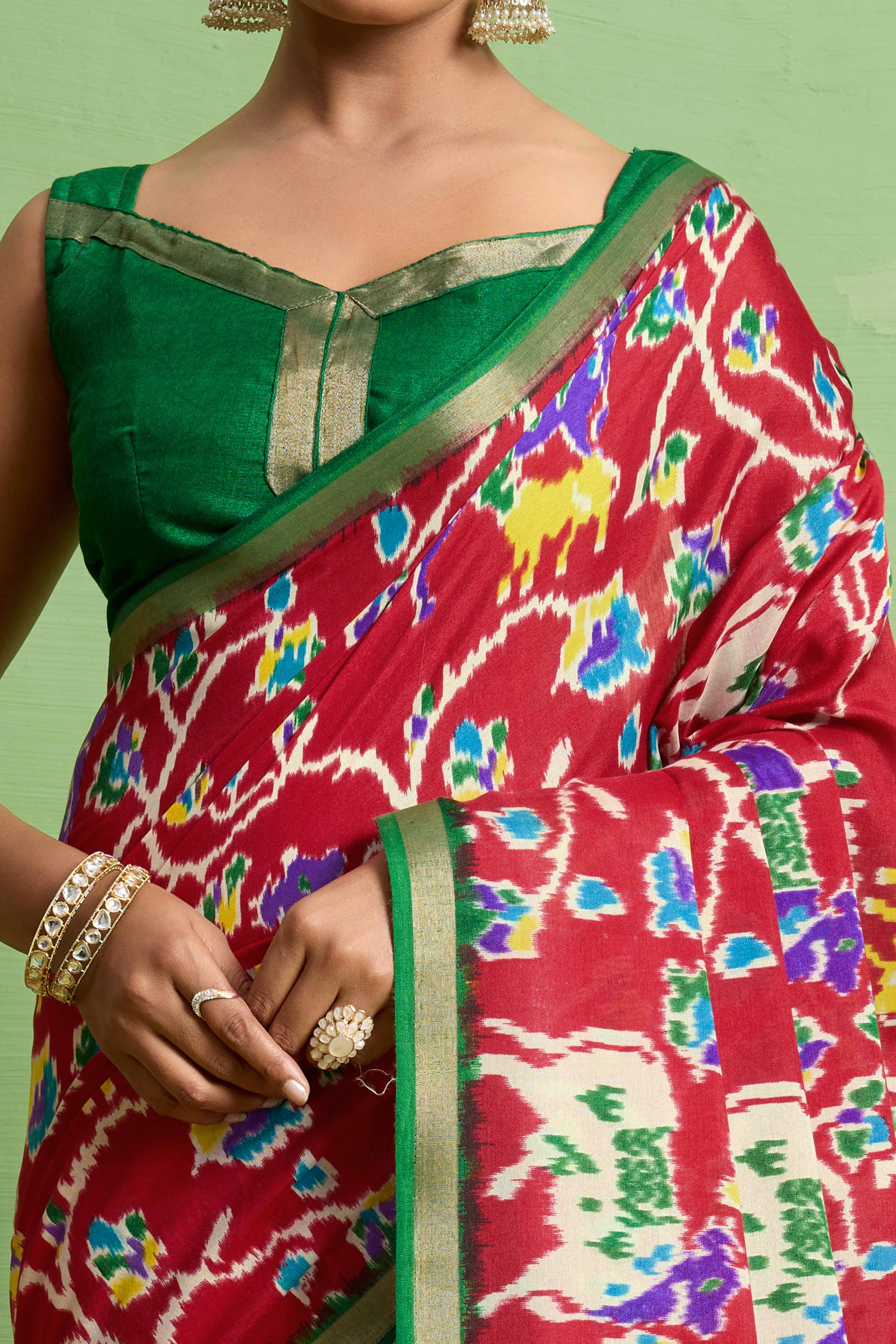 Traditional Red Silk Blend Saree with Ikkat Print & Zari Edging