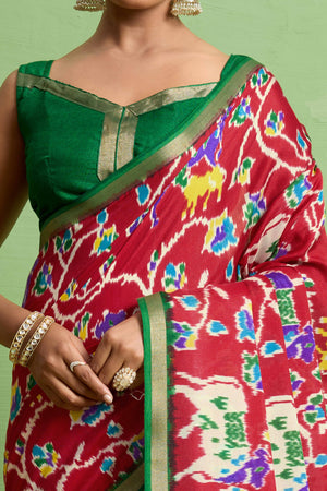 Traditional Red Silk Blend Saree with Ikkat Print & Zari Edging