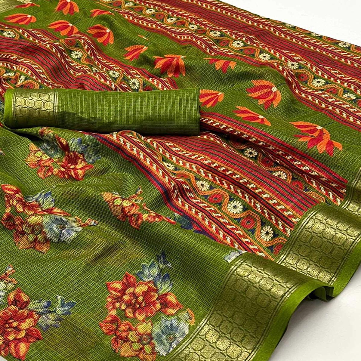 Green Floral Printed Cotton Silk Saree