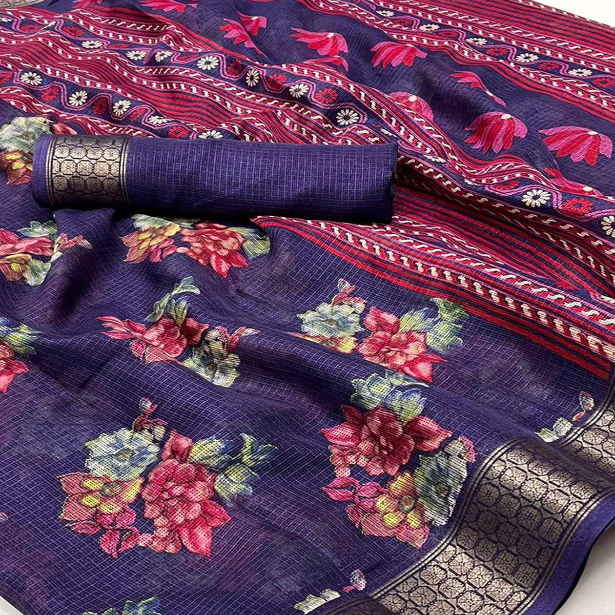 Purple Floral Printed Cotton Silk Saree