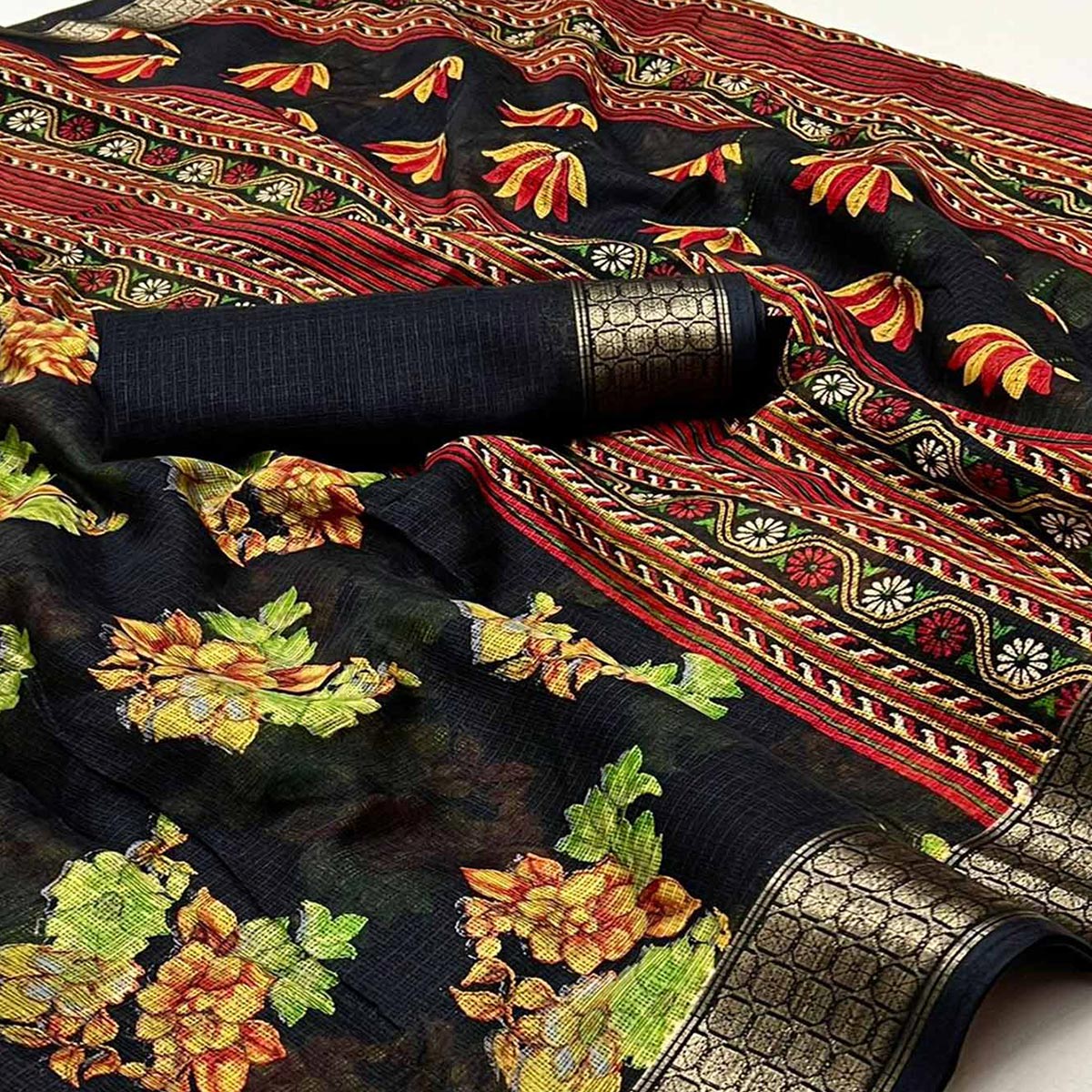 Black Floral Printed Cotton Silk Saree