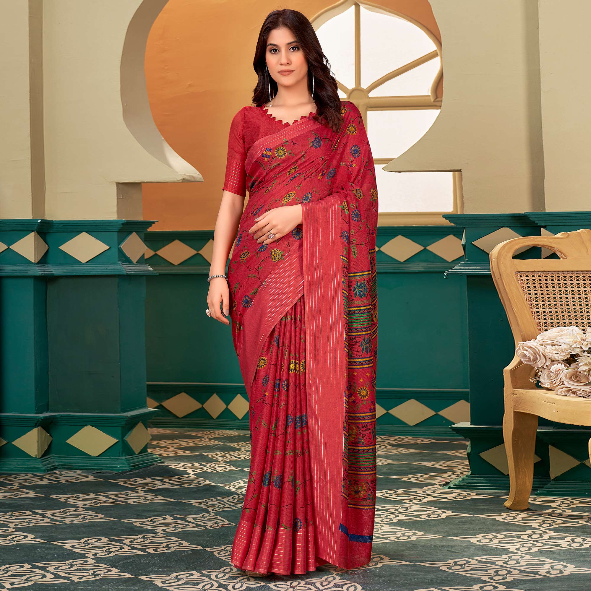 Red Floral Printed Linen Saree
