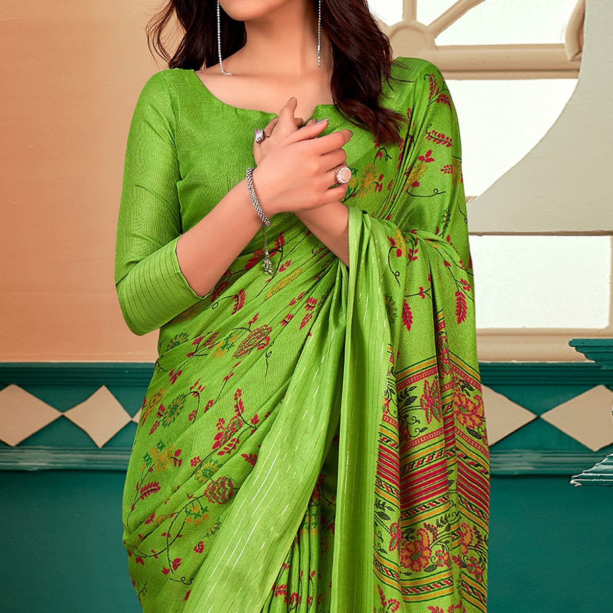 Green Floral Printed Linen Saree