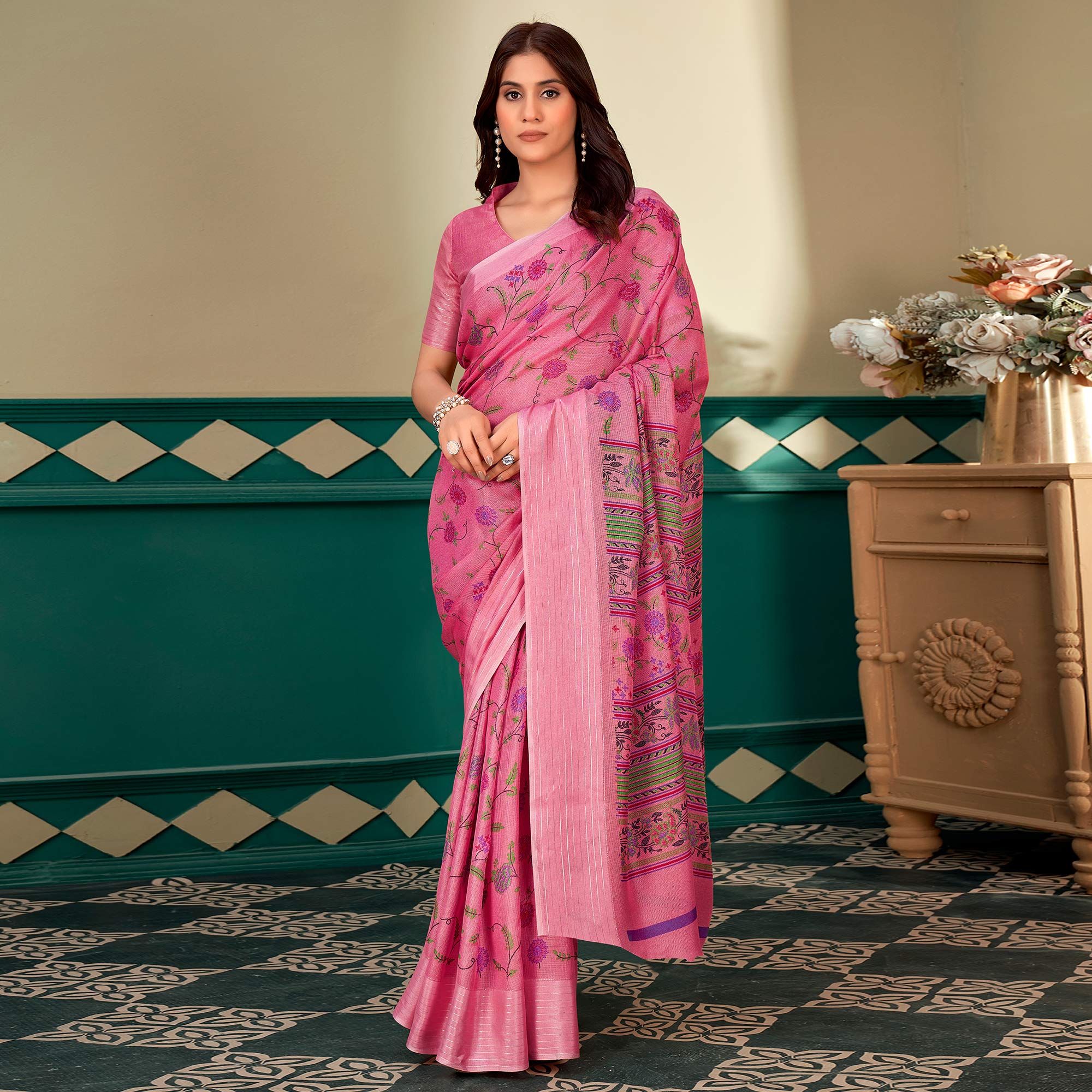 Pink Floral Printed Linen Saree