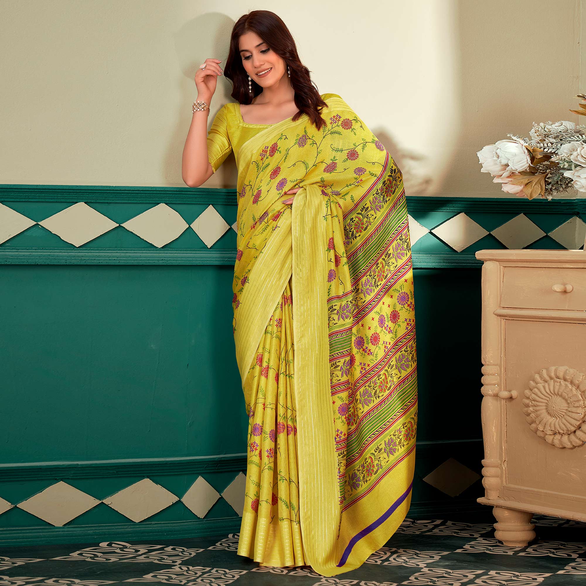 Yellow Floral Printed Linen Saree