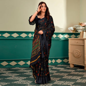 Black Floral Printed Linen Saree