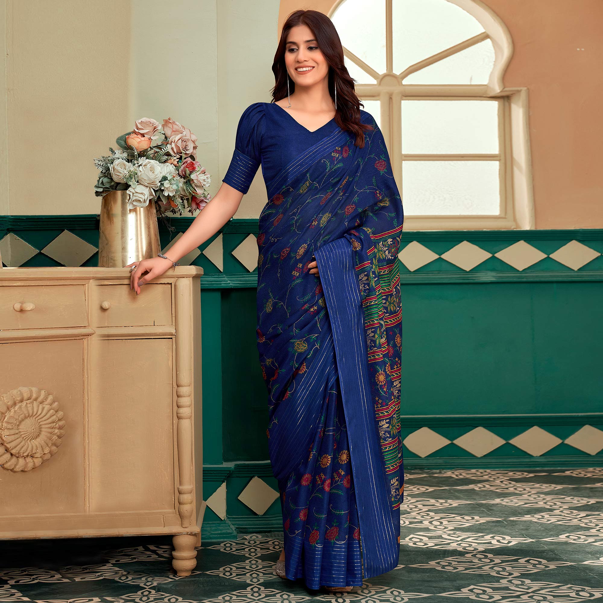Navy Blue Floral Printed Linen Saree