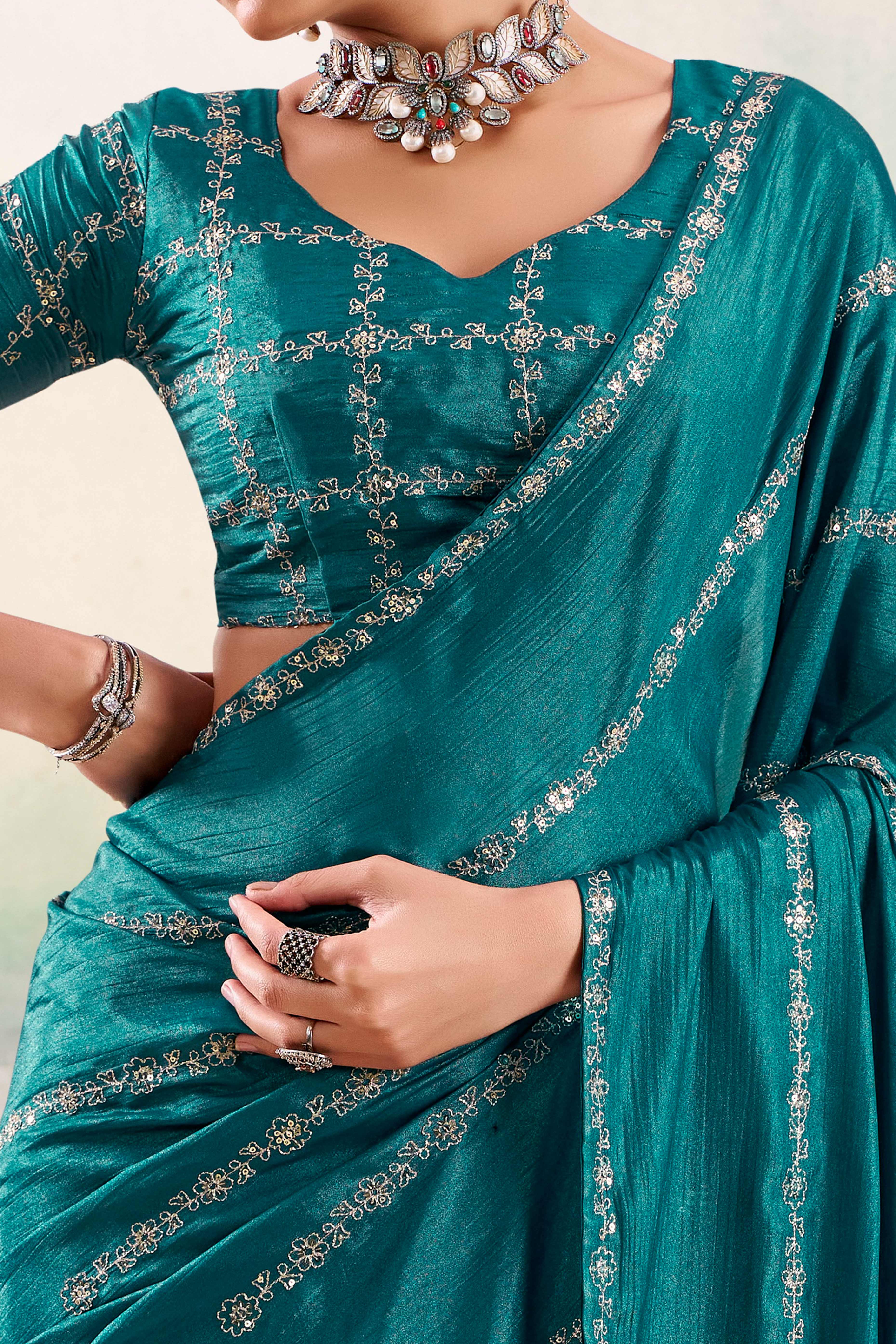 Teal Two Tone Chiffon Saree Adorned With Floral Cording Embroidery & Sequins Work