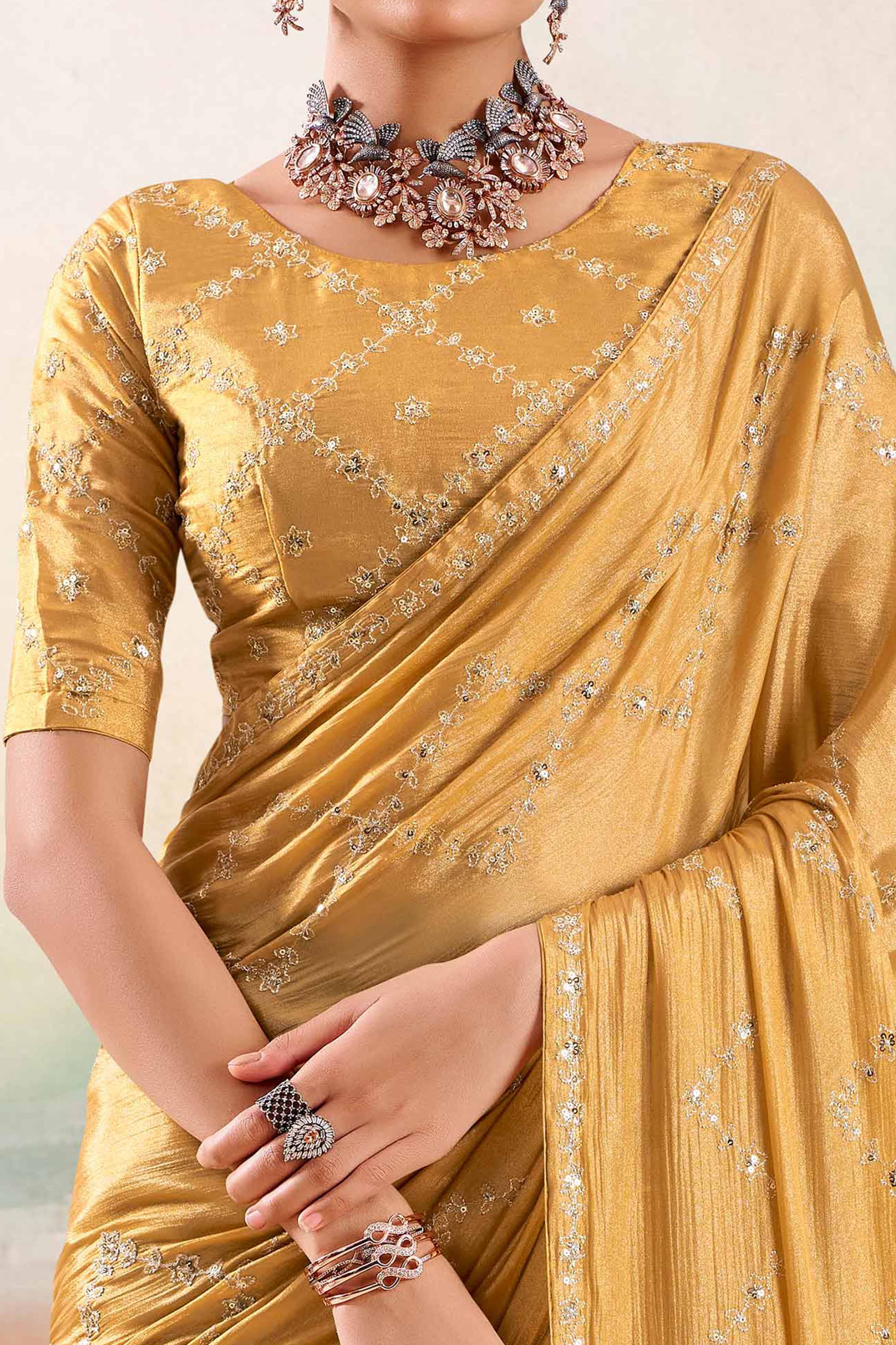 Chikoo Two Tone Chiffon Saree Adorned With Floral Cording Embroidery & Sequins Work