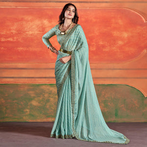 Blue Bandhani Printed Chiffon Saree With Embroidered Border