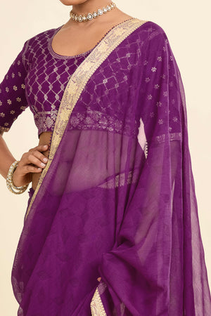 Purple Printed Chiffon Saree with Intricate Woven Edging