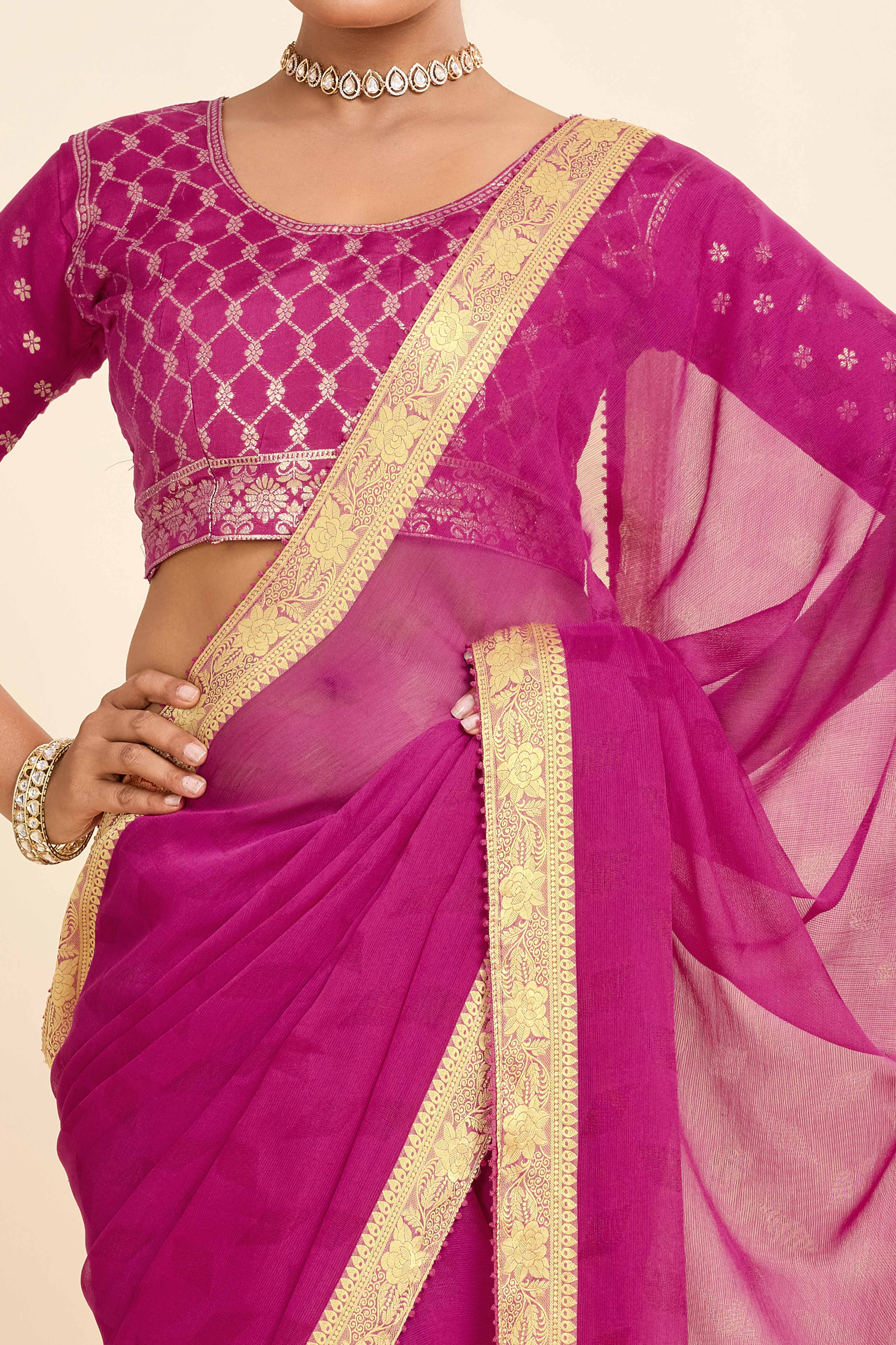 Pink Printed Chiffon Saree with Intricate Woven Edging