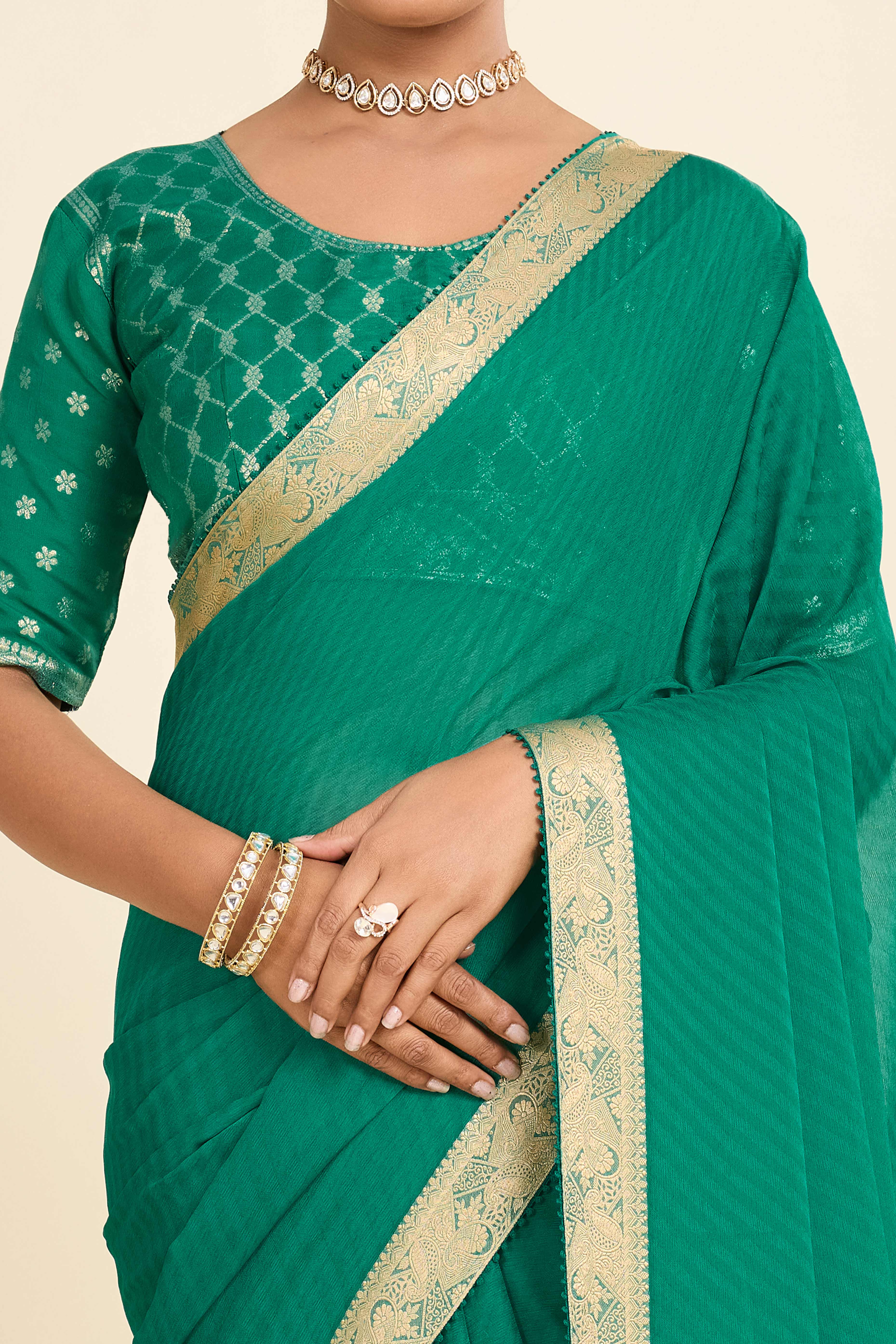 Rama Green Printed Chiffon Saree with Intricate Woven Edging