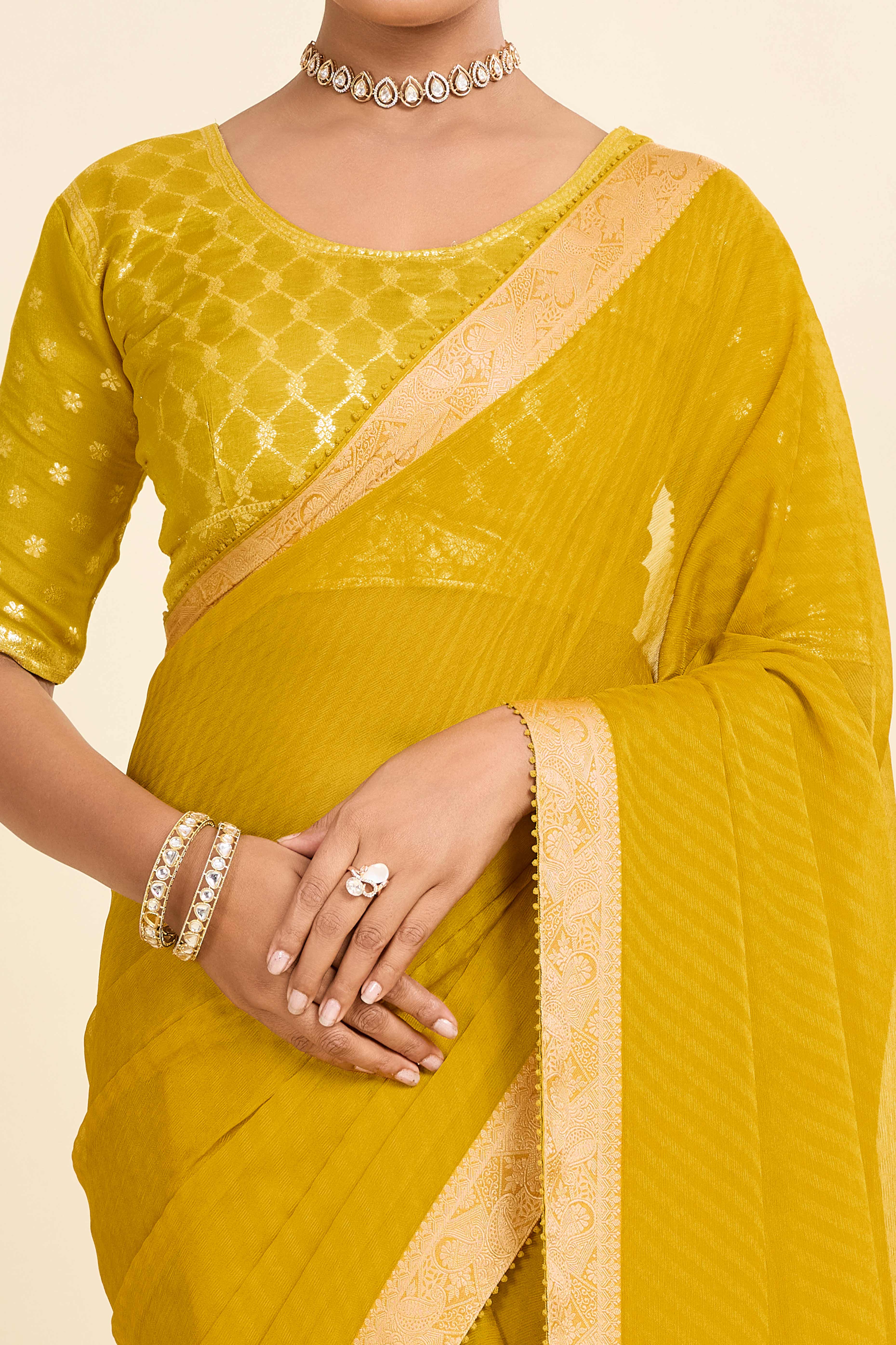 Mustard Printed Chiffon Saree with Intricate Woven Edging