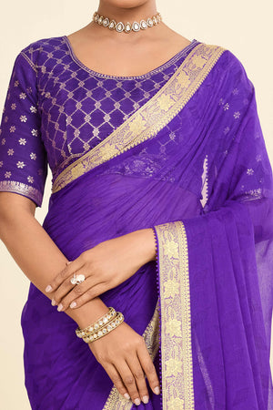 Violet Printed Chiffon Saree with Intricate Woven Edging