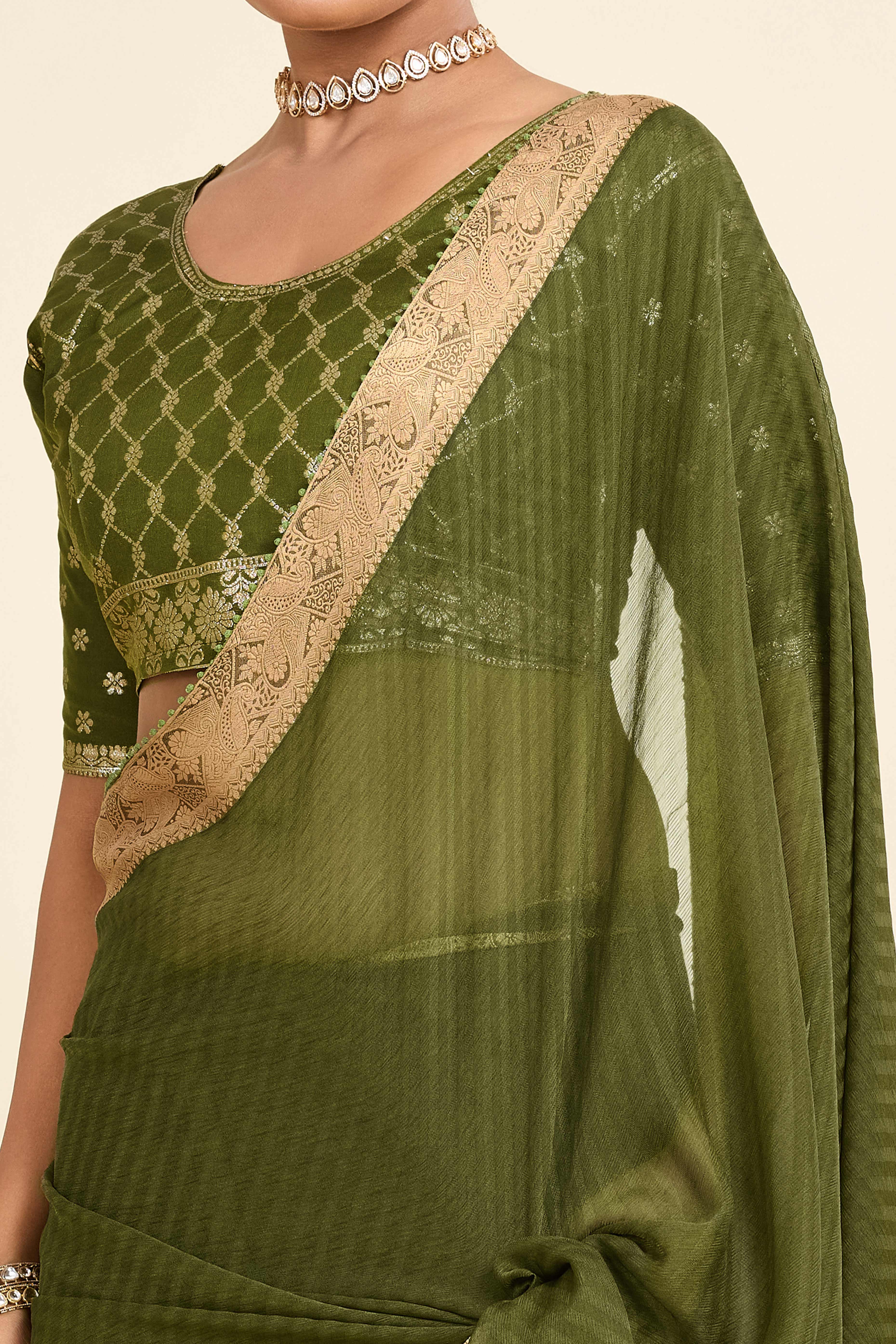 Green Printed Chiffon Saree with Intricate Woven Edging