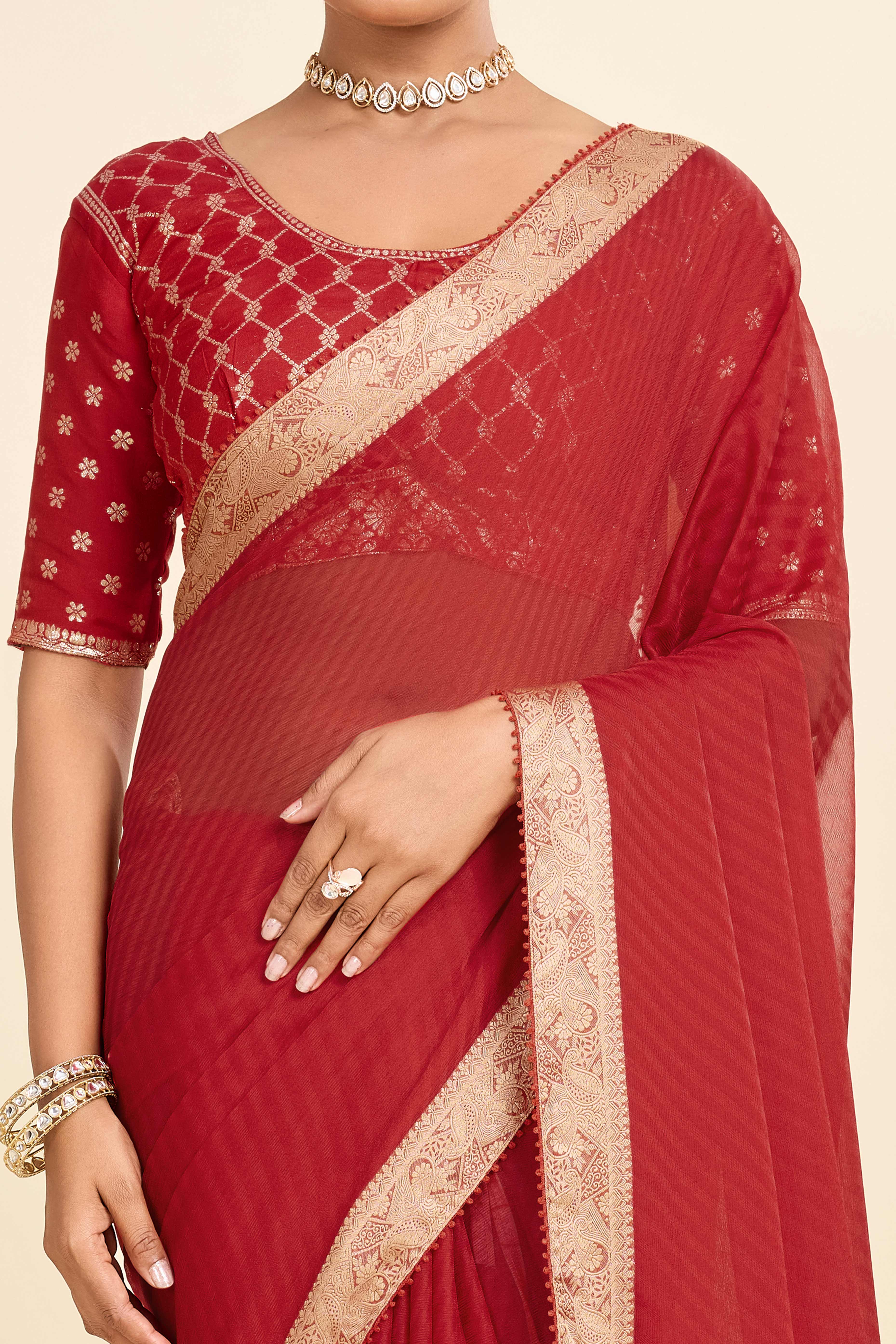 Red Printed Chiffon Saree with Intricate Woven Edging