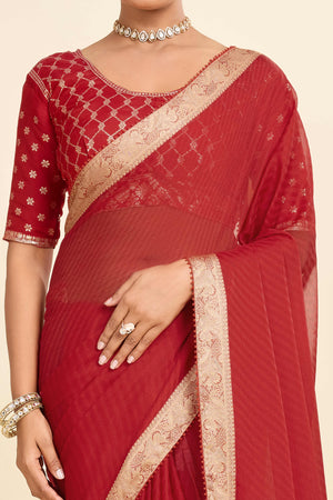 Red Printed Chiffon Saree with Intricate Woven Edging