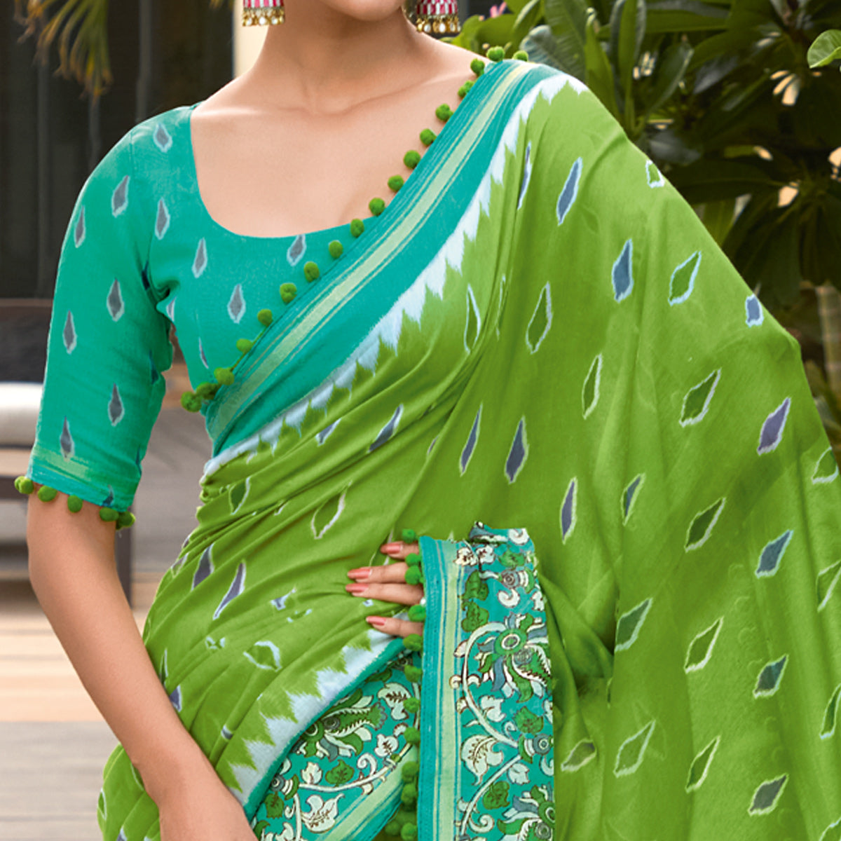 Green Printed Pure Cotton Saree With Pum Pum Border