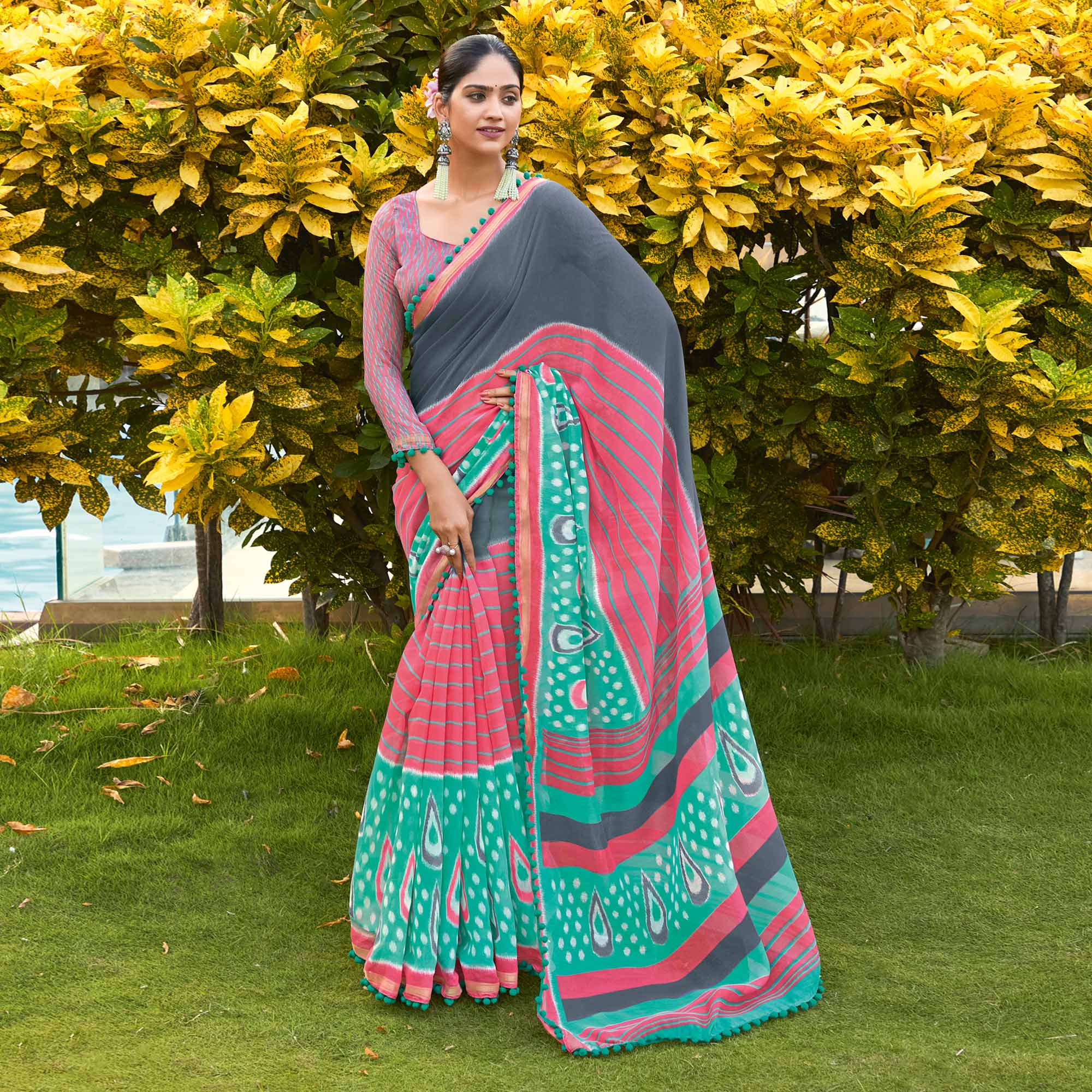Multicolor Printed Pure Cotton Saree With Pum Pum Border